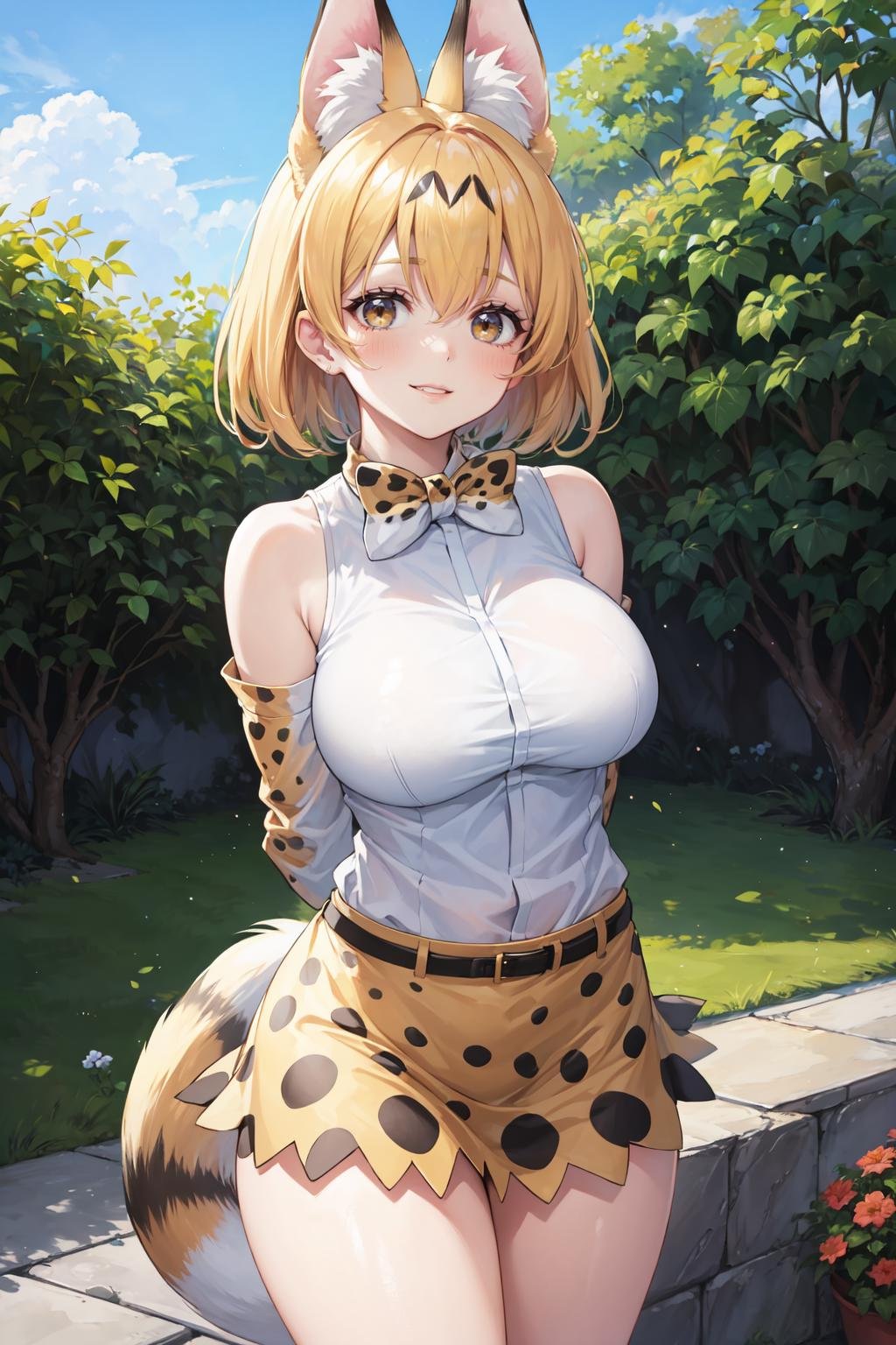 (masterpiece, best quality, ultra detailed), (detailed background, complex background:1.2), (perfect face, detailed face), full-face blush, (milf, mature female:1.4), smile, happy, parted lips, thighs <lora:serval:1> animal ears, short hair, serval print, tail, gloves, shirt, bow, bowtie, elbow gloves, print bow, print bowtie, sleeveless, skirt, white shirt, sleeveless shirt, bare shoulders(garden, outdoors, thighs, standing, arms behind back) 