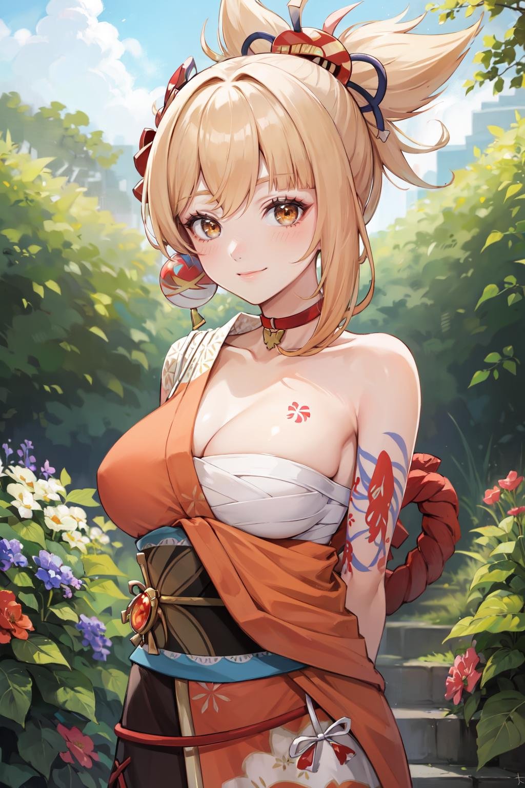 (masterpiece, best quality, ultra detailed), (detailed background, complex background:1.2), (perfect face, detailed face), full-face blush, (milf, mature female:1.4), happy, smile<lora:yoimiya:1>, 1girl, yoimiya, solo, ponytail, hair ornament, choker, tattoo, bandages, japanese clothes, sarashi, kimono, arm tattoo, red choker, orange kimono, chest tattoo, rope, shimenawa, sash, obi, hadanugi dousa, orange eyes(outdoors, garden, standing, arms behind back, ) 