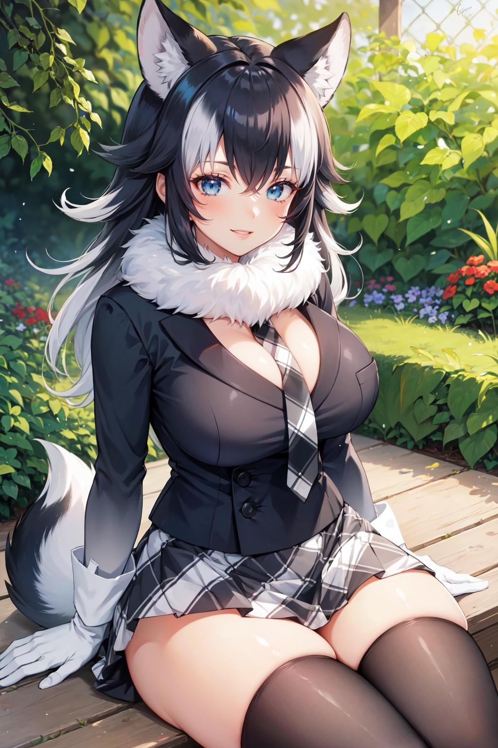 (masterpiece, best quality, ultra detailed), (detailed background, complex background:1.2), (perfect face, detailed face), full-face blush, (milf, mature female:1.4), smile, happy, parted lips, thighs<lora:grey_wolf:1> grey_wolf, animal ears, wolf ears, long hair, heterochromia, white hair, wolf girl, wolf tail, tail, fur collar, long sleeves, necktie, gloves, large breasts, white gloves, skirt, thighhighs(garden, outdoors, thighs, sitting, arms support)  