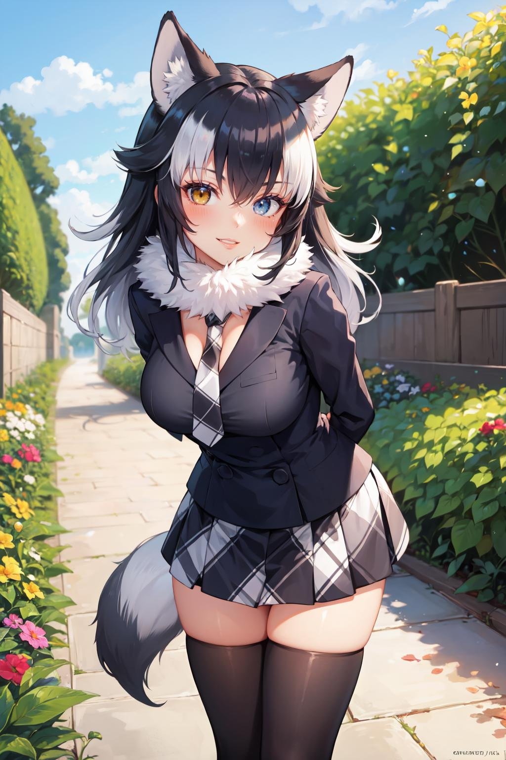 (masterpiece, best quality, ultra detailed), (detailed background, complex background:1.2), (perfect face, detailed face), full-face blush, (milf, mature female:1.4), smile, happy, parted lips, thighs<lora:grey_wolf:1> grey_wolf, animal ears, wolf ears, long hair, heterochromia, white hair, wolf girl, wolf tail, tail, fur collar, long sleeves, necktie, gloves, large breasts, white gloves, skirt, thighhighs(garden, outdoors, standing, leaning forward, arms behind back, )  