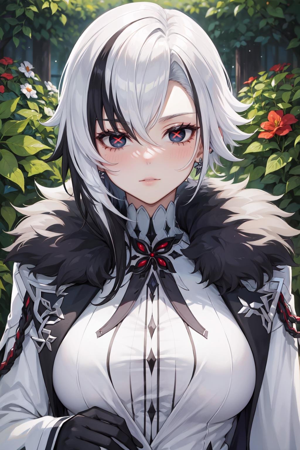 (masterpiece, best quality, ultra detailed), (detailed background, complex background:1.2), (perfect face, detailed face), full-face blush, (milf, mature female:1.4), red eyes<lora:arlecchino-10:1>, arlecchino, streaked hair, 1girl, solo, symbol-shaped pupils, x-shaped pupils, hair between eyes, short hair, red pupils, coat, fur trim, fur-trimmed coat, large breasts, gloves, grey hair, black gloves, white coat, jewelry(outdoors, garden)