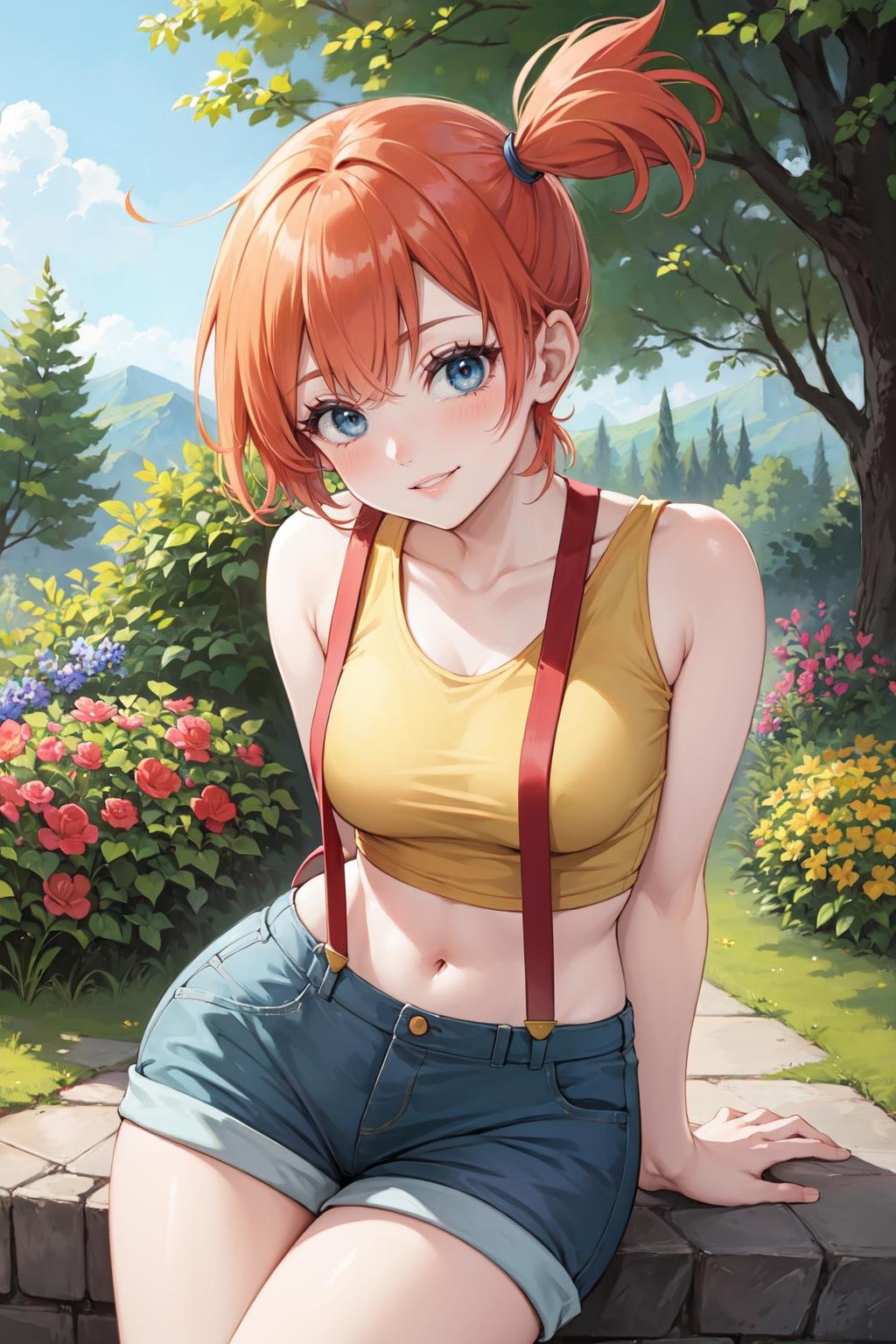 (masterpiece, best quality, ultra detailed), (detailed background, complex background:1.2), (perfect face, detailed face), full-face blush, smile, happy, parted lips, (milf, mature woman:1.4)<lora:misty:1> misty_(pokemon), short hair, side ponytail, looking at viewer, smile, blush, navel, shorts, blue eyes, suspenders, shirt, crop top, midriff, short shorts, medium breasts, (outdoors, garden, thighs, arms behind back, leaning forward, )