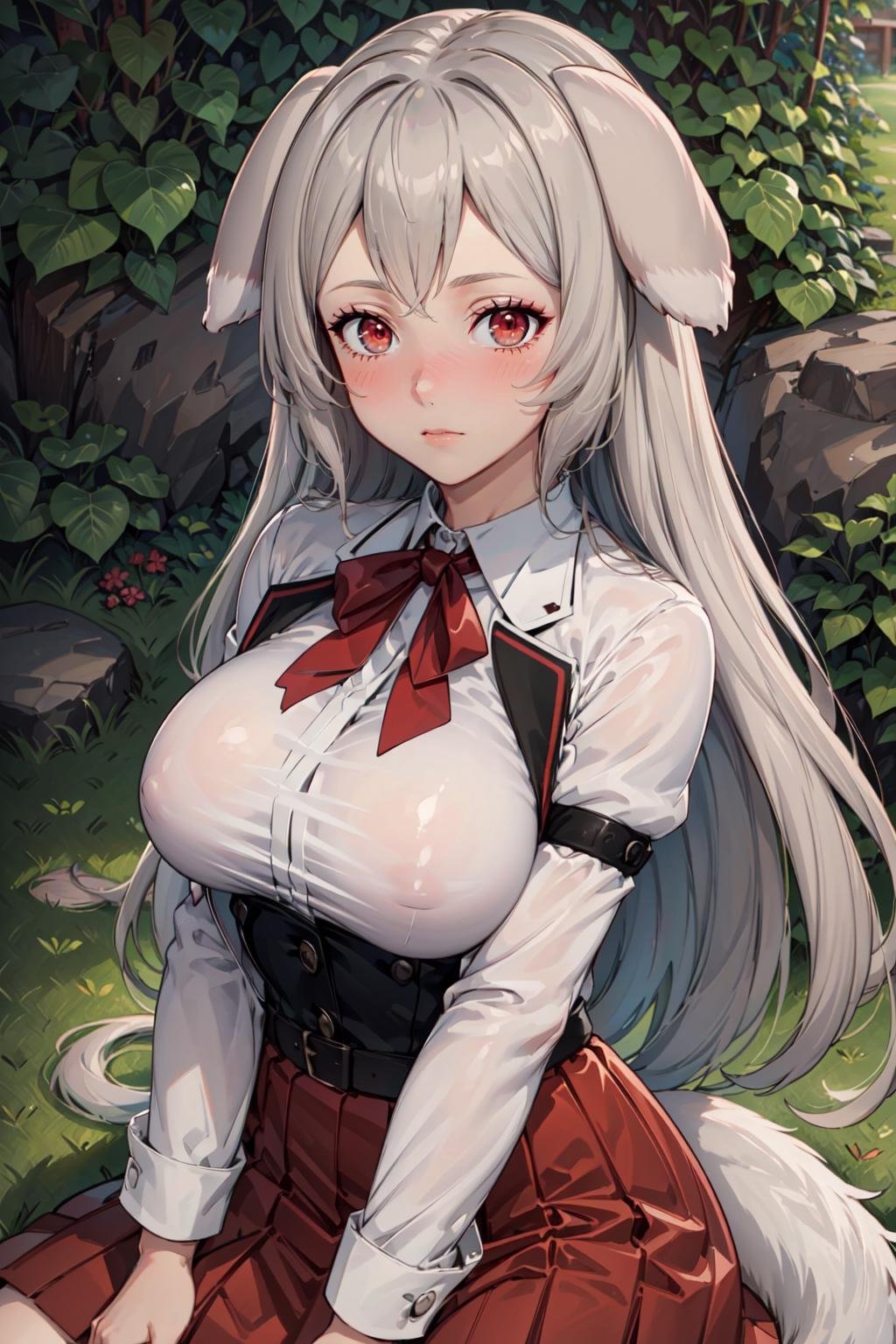 (masterpiece, best quality, ultra detailed), (detailed background, complex background:1.2), (perfect face, detailed face), ((full-face blush)), (milf, mature female:1.4) <lora:pursena_adoldia:0.7> pursena_adoldia, 1girl, long hair, animal ears, dog ears, solo, skirt, long sleeves, large breasts, very long hair, red skirt, jacket, tail, dog tail, shirt, bow, white shirt, bowtie, red bow, brown eyes(outdoors, garden, sitting, arms support)