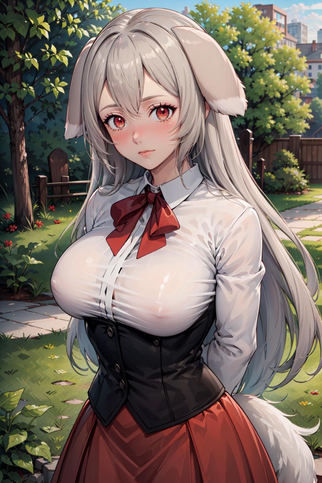 (masterpiece, best quality, ultra detailed), (detailed background, complex background:1.2), (perfect face, detailed face), ((full-face blush)), (milf, mature female:1.4) <lora:pursena_adoldia:0.7> pursena_adoldia, 1girl, long hair, animal ears, dog ears, solo, skirt, long sleeves, large breasts, very long hair, red skirt, jacket, tail, dog tail, shirt, bow, white shirt, bowtie, red bow, brown eyes(outdoors, garden, arms behind back)