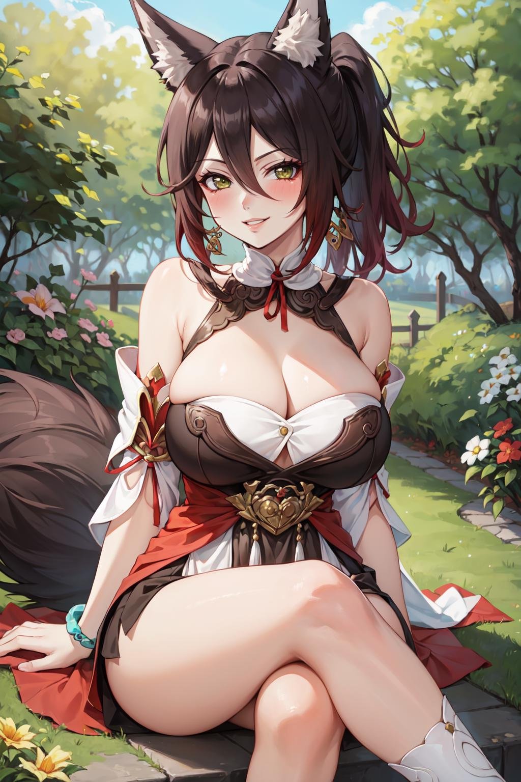 (masterpiece, best quality, ultra detailed), (perfect face, detailed face), (detailed background, complex background:1.2), full-face blush, (milf, mature female:1.4), ((smirk)), parted lips,  <lora:tingyun:0.7> tingyun, animal ears, hair between eyes, bare shoulders, fox ears, tail, animal ear fluff, fox tail, long hair, jewelry, large breasts, ponytail, cleavage, bracelet, dress, fox girl, detached sleeves, thighs(outdoors, garden, sitting, crossed legs, arms support)   
