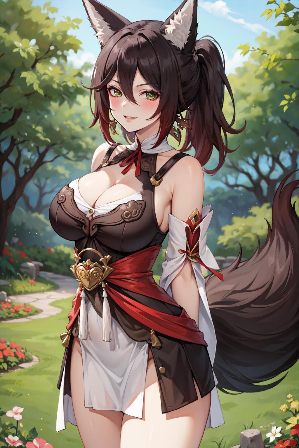 (masterpiece, best quality, ultra detailed), (perfect face, detailed face), (detailed background, complex background:1.2), full-face blush, (milf, mature female:1.4), ((smirk)), parted lips,  <lora:tingyun:0.8> tingyun, animal ears, hair between eyes, bare shoulders, fox ears, tail, animal ear fluff, fox tail, long hair, jewelry, large breasts, ponytail, cleavage, bracelet, dress, fox girl, detached sleeves, thighs(outdoors, garden, standing, arms behind back)   