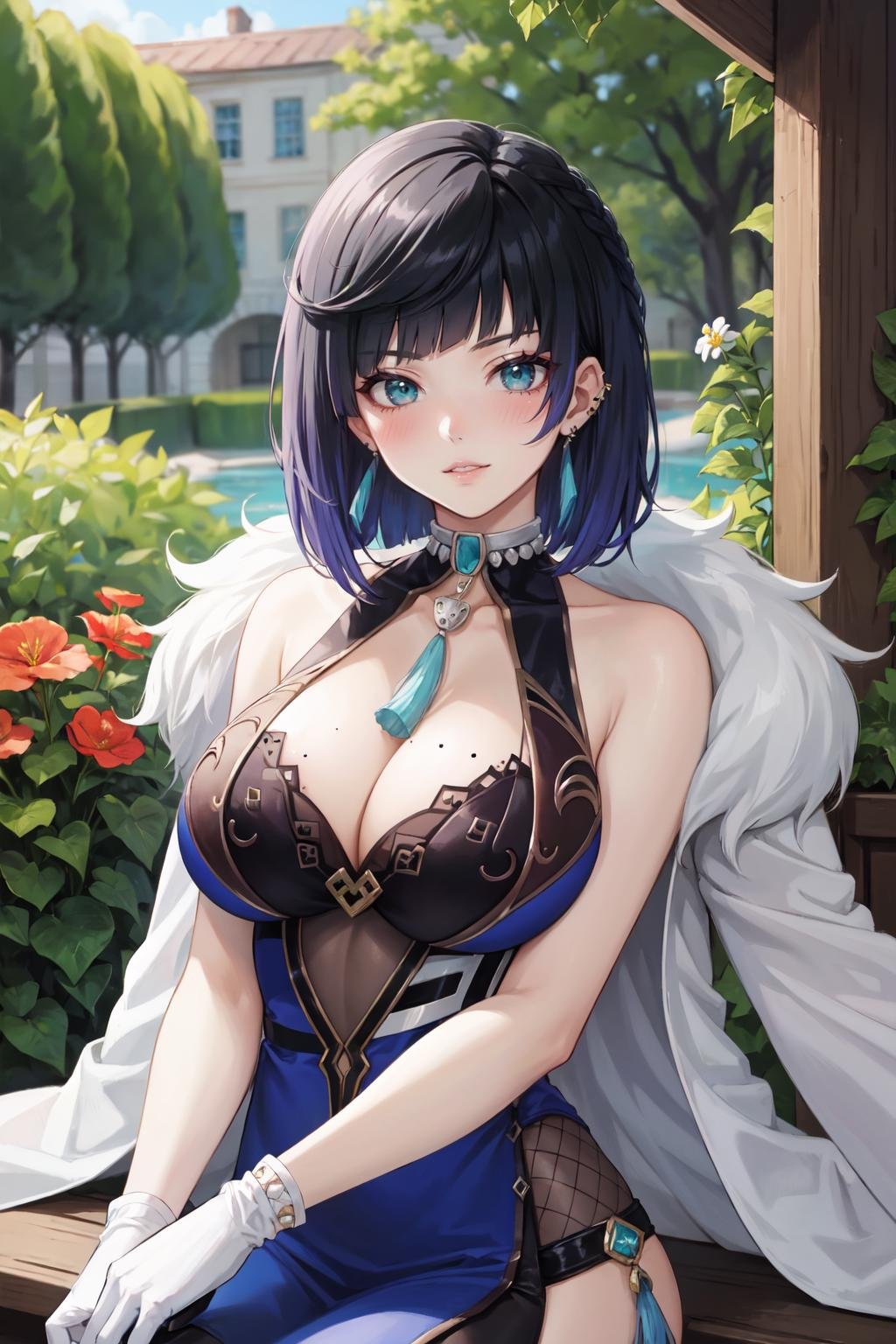 (masterpiece, best quality, ultra detailed), (detailed background, complex background:1.2), ((full-face blush)), (perfect face, detailed face), parted lips, (mature female:1.3), smirk(outdoors, garden, flowers, sitting, ) <lora:yelan:0.8> yelan, short hair, large breasts, jewelry, diagonal bangs, bob cut, cleavage, gloves, mole, black hair, fur trim, bare shoulders, earrings, jacket, mole on breast, white jacket, elbow gloves, dress