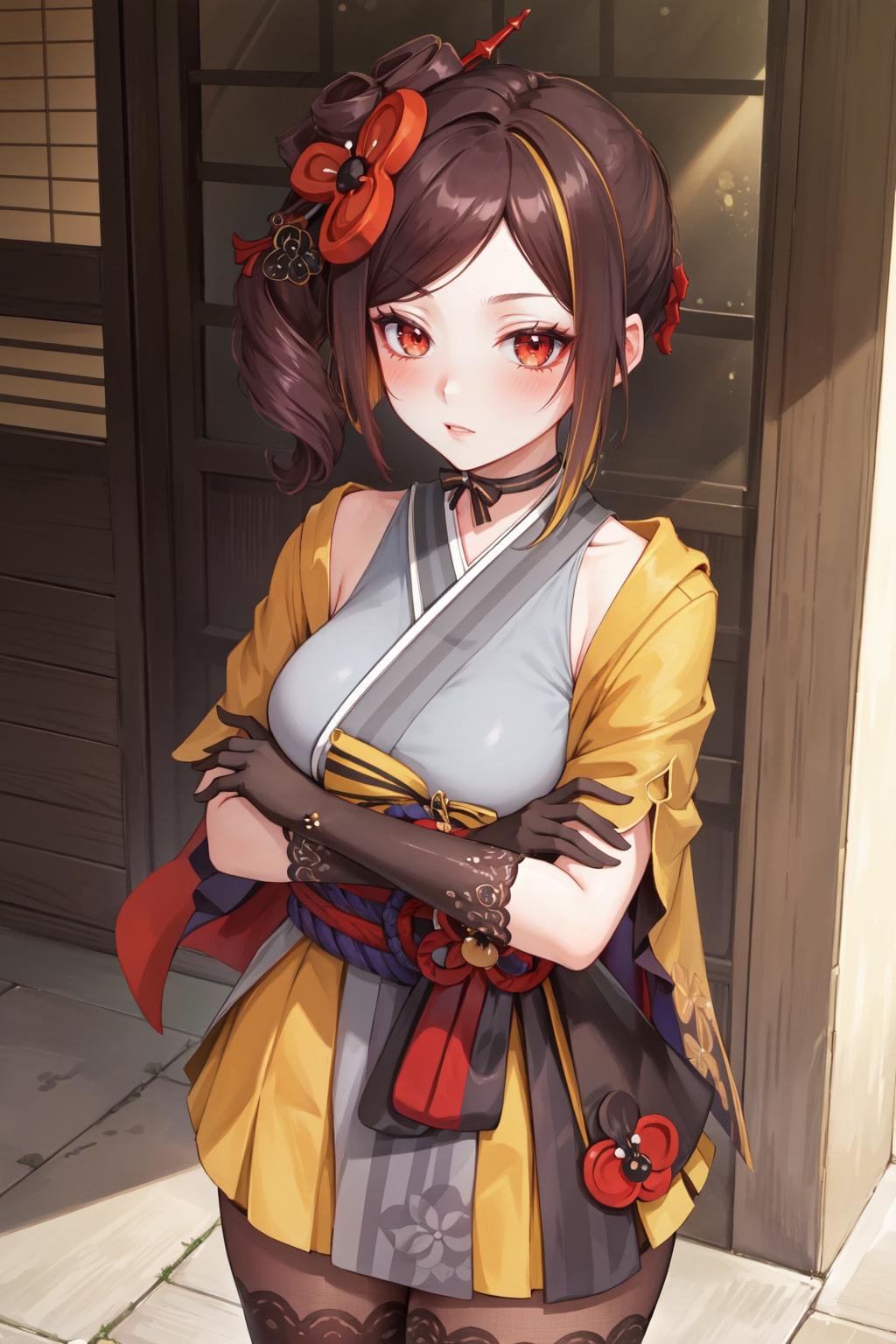 (masterpiece, best quality, ultra detailed), ((full-face blush)), (detailed background:1.2), (perfect face, detailed face), looking at viewer, (mature female:1.4), thick thighs,<lora:chiori:1> chiori, 1girl, solo, hair ornament, japanese clothes, kimono, flower, gloves, black gloves, hair flower, elbow gloves, pantyhose, sash, obi, long hair, thighhighs, choker(garden, outdoors, standing, crossed arms),  