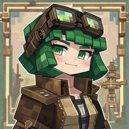 1girl, green hair, steampunk, green eyes, tech, cute face,minecraft square style, ((big steampunk goggles))look at viewer, standing, close up