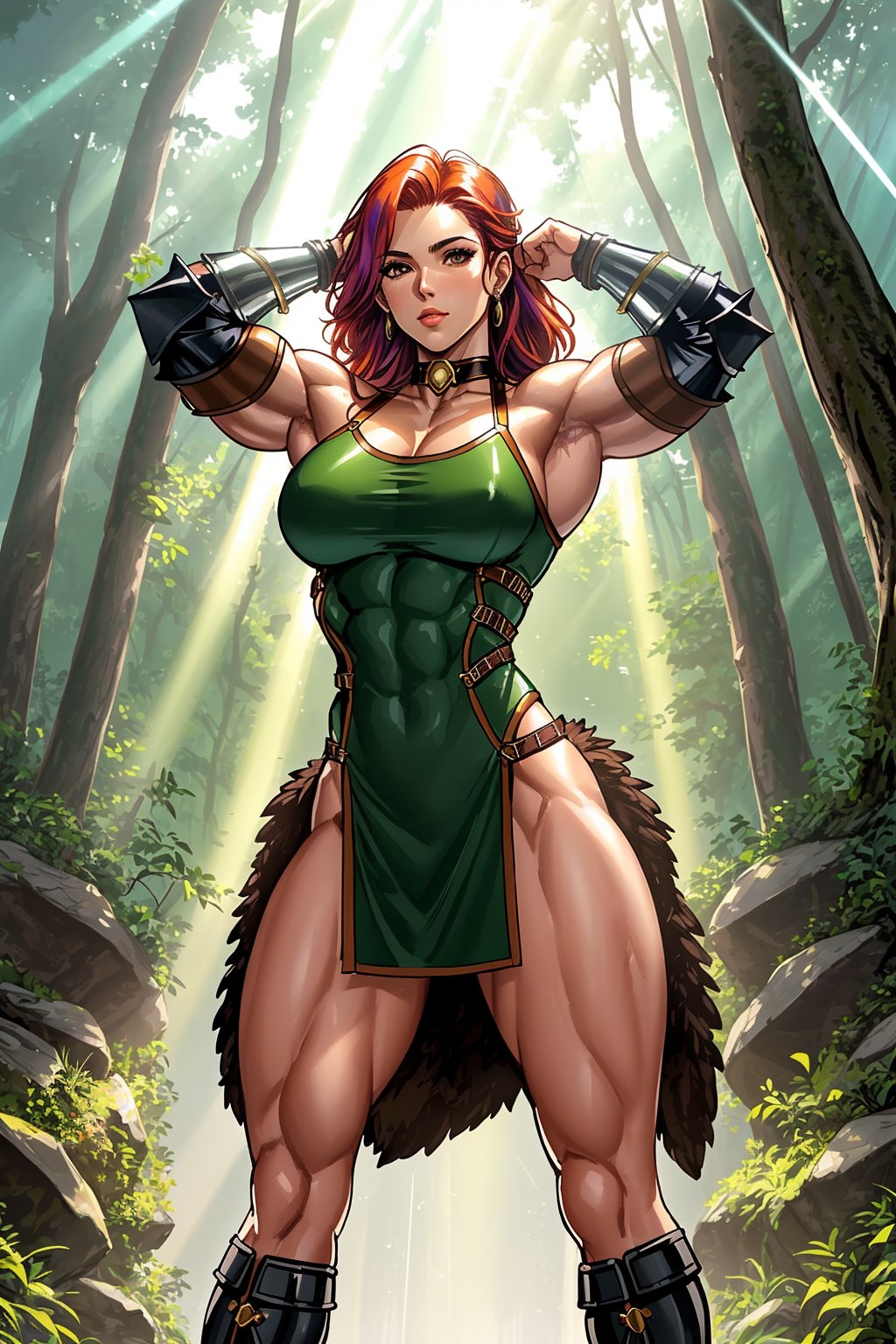 bodybuilder, <lora:DoubleThickV2:1>, amazon goddess, sexy armor, vivid colorful hair, pale skin, breasts, barbarian leather armor, choker minidress, savage power, light rays, god rays, furry armor, Jurassic, forest, leaves, muscular, bodybuilder, realistic