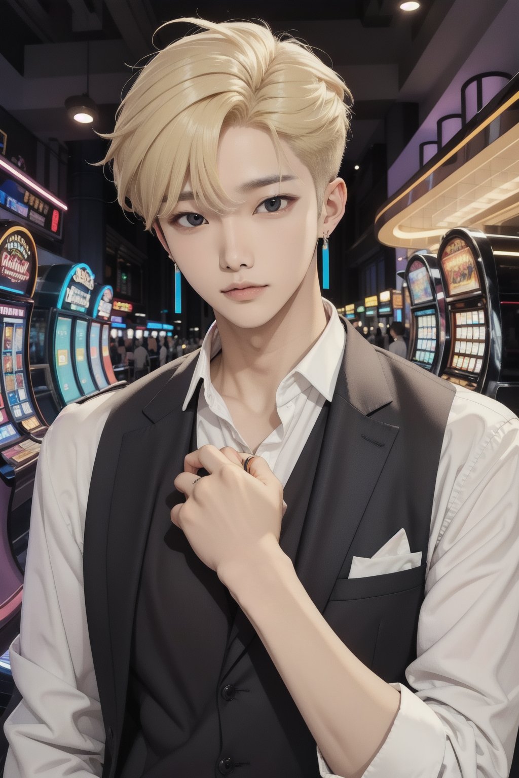 male face,ikemen, kpop,ikemen, kpop,ikemen, handsome, earrings, blue and blond hair, suits, earrings, young handsome asian male,young handsome asian male, casino