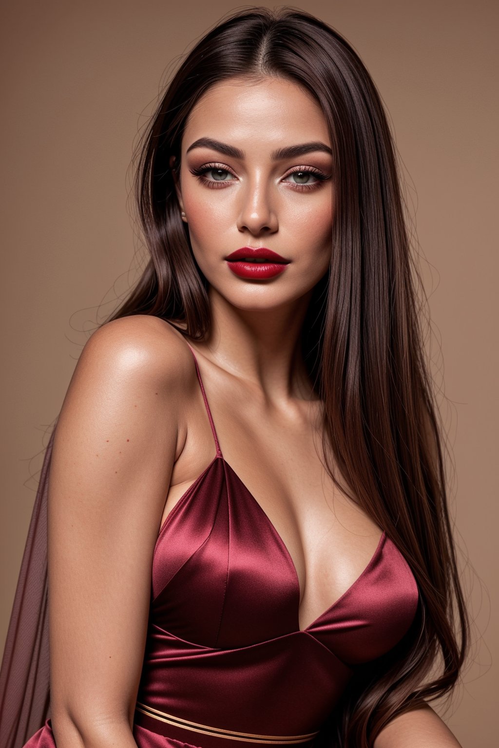 (Best quality, 8k, 32k, Masterpiece, UHD:1.2), gorgeous woman, hispanic ,posing for a picture, wearing a gown, medium breast, and attractive features, looking at viewer, green eyes, notable chin dimples, blush, long mascara, impressive long eyeliners, 3layers of soft red eyeshadows, eyes contact, focus, depth of field, film grain, ray tracing, red matte lipstick, detailed natural real brunette skin texture, professional makeup, perfect brunette straight hair . visible skin pores, anatomically correct,(PnMakeEnh),,,<lora:659111690174031528:1.0>