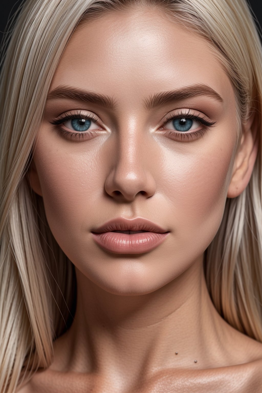 (Best quality, 8k, 32k, Masterpiece, UHD:1.2), a close up of a woman with blonde hair and blue eyes, contrasted dark pink matte lipstick. perfect white haired girl, girl silver hair, hyper realistic color photo, blonde hair and large eyes, ash blond greyish hair, eyes contact, focus, depth of field, film grain, ray tracing, visible skin pores, anatomically correct,(PnMakeEnh),,<lora:659111690174031528:1.0>