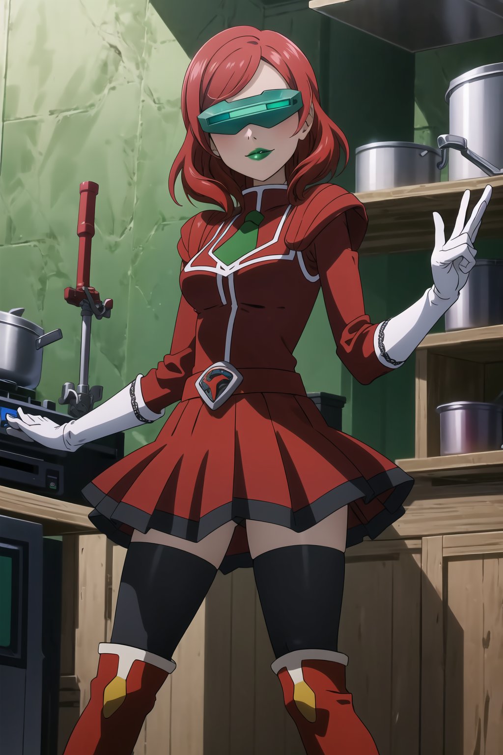 ((best quality)),  ((highly detailed)),  masterpiece,  ((official art)),  more_than_one_pose, stance, red hair, nishikino maki, 1girl, head-mounted display, evil smile, lips, ((green lips)), gloves, juliet_sleeves, long_sleeves, pleated skirt, thighhighs, thigh boots, dress, belt, red dress, pantyhose, kitchen, looking at viewer, indoors,  alternate costume, brick, (intricately detailed, hyperdetailed), blurry background,depth of field, best quality, masterpiece, intricate details, tonemapping, sharp focus, hyper detailed, trending on Artstation,1 girl, high res, official art