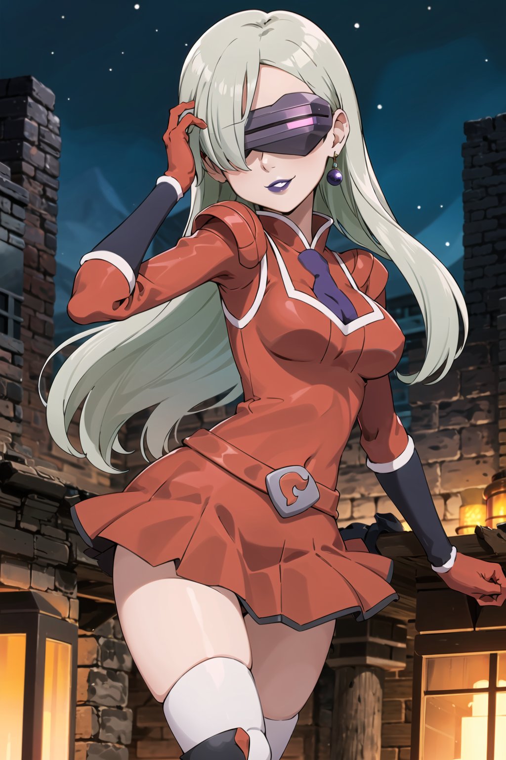 (best quality), (highly detailed), masterpiece, (official art),  elizabeth, long hair, white hair, hair over one eye, single earring,, poke ball, poke ball (basic), holding poke ball, posing, lips, ( evil smile), (team flare:1.2), (head-mounted display), ((purple lips)), gloves, juliet_sleeves, long_sleeves, pleated skirt, thighhighs, thigh boots, dress, belt, red dress, pantyhose, looking at viewer, china, asiática, city, night, sky, (intricately detailed, hyperdetailed), blurry background,depth of field, best quality, masterpiece, intricate details, tonemapping, sharp focus, hyper detailed, trending on Artstation,1 girl, high res, official art