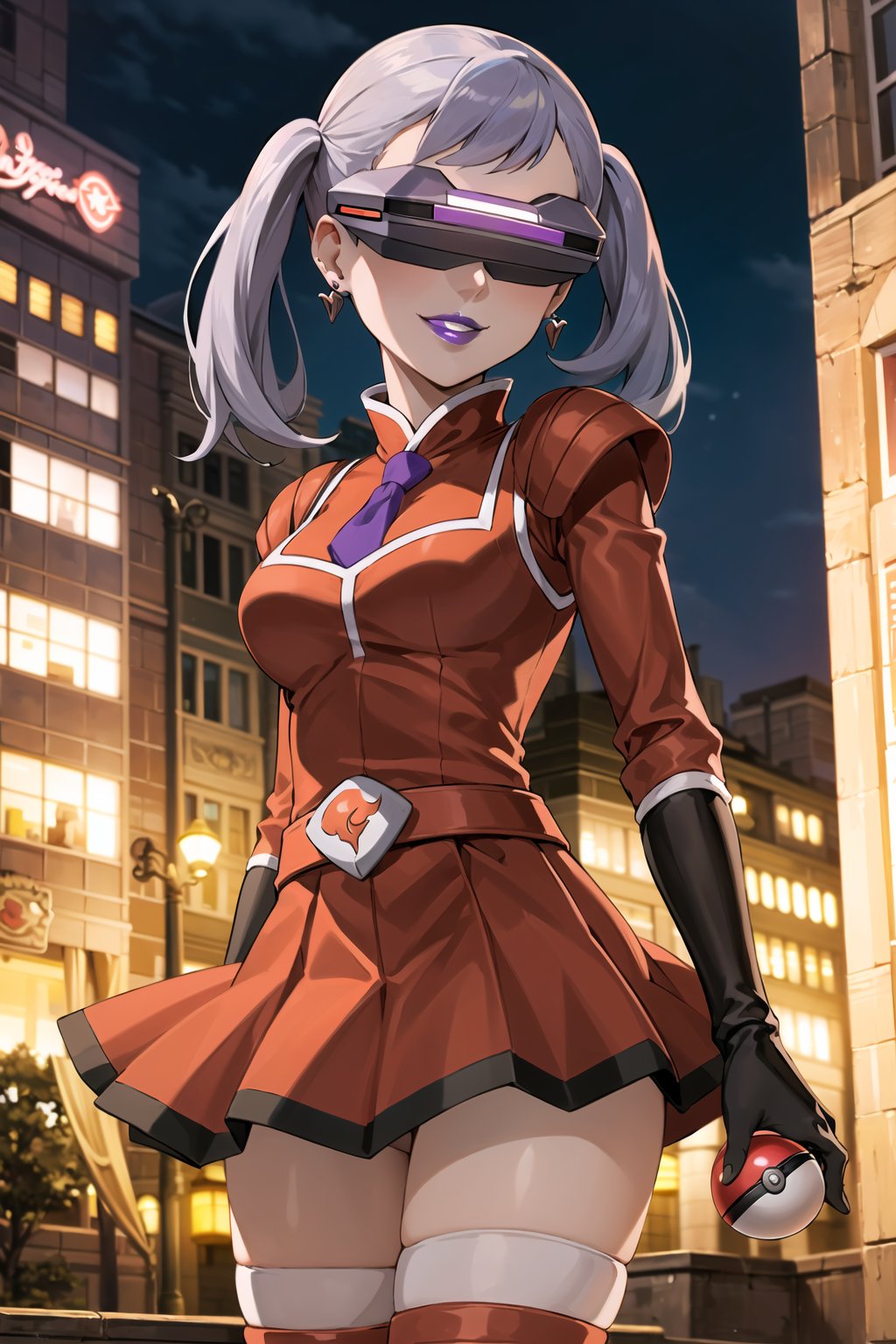 (best quality), (highly detailed), masterpiece, (official art), noelle_silva, silver hair, twintails, bangs, earrings, jewelry, poke ball, poke ball (basic), holding poke ball, posing, lips, ( evil smile), (team flare:1.2), (head-mounted display), ((purple lips)), gloves, juliet_sleeves, long_sleeves, pleated skirt, thighhighs, thigh boots, dress, belt, red dress, pantyhose, looking at viewer, china, asiática, city, night, sky, (intricately detailed, hyperdetailed), blurry background,depth of field, best quality, masterpiece, intricate details, tonemapping, sharp focus, hyper detailed, trending on Artstation,1 girl, high res, official art