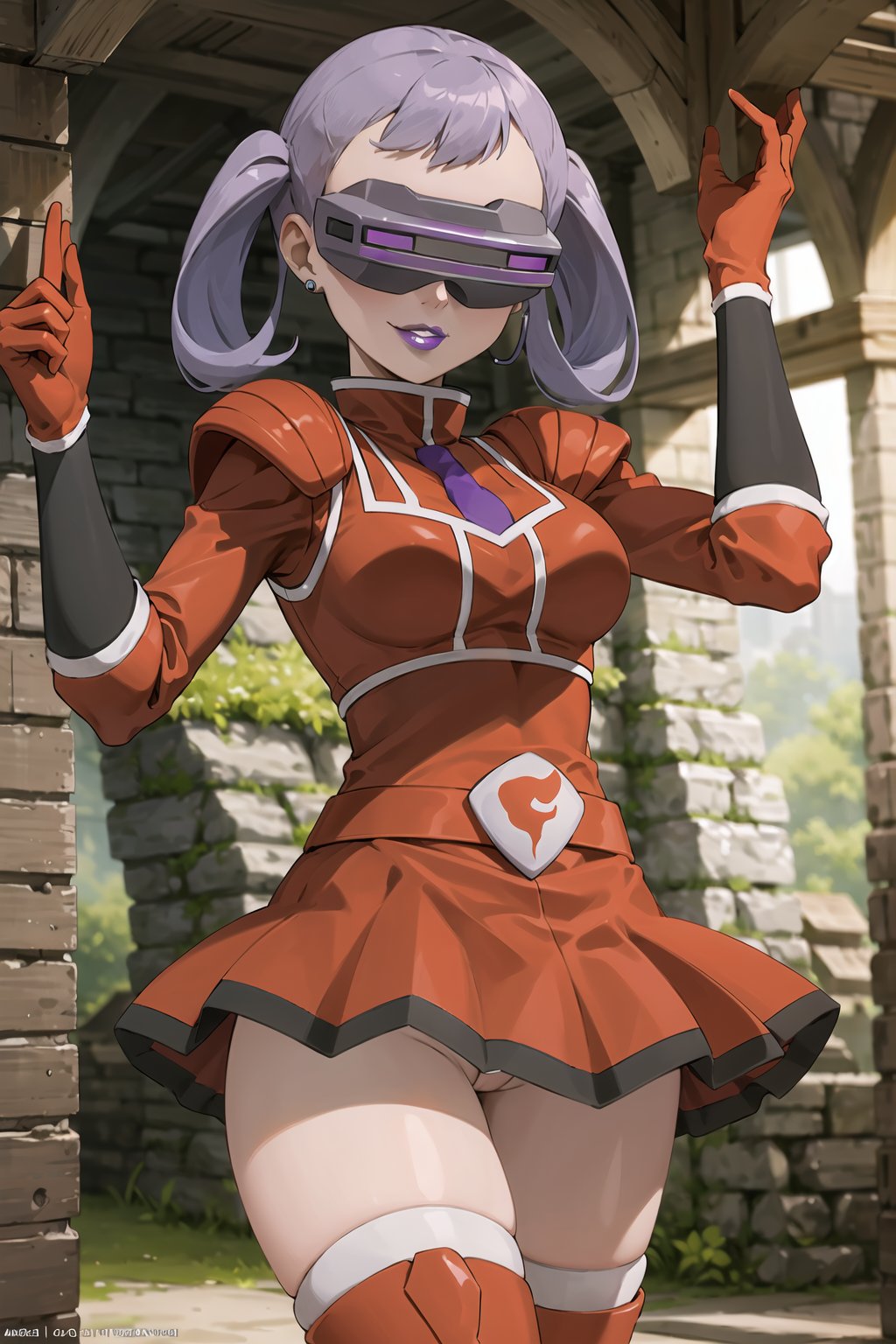 (best quality), (highly detailed), masterpiece, (official art),noelle_silva, silver hair, twintails, bangs, hoop earrings, (team flare:1.2), (head-mounted display), ((purple lips)), gloves,juliet_sleeves, long_sleeves , pleated skirt, thighhighs, thigh boots, dress, belt, red dress, pantyhose, (lips:1.2), evil smile, (seductive pose:1.2), cowboy shot, looking at viewer, indoors, blurry background,depth of field, best quality, masterpiece, intricate details, tonemapping, sharp focus, hyper detailed, trending on Artstation,