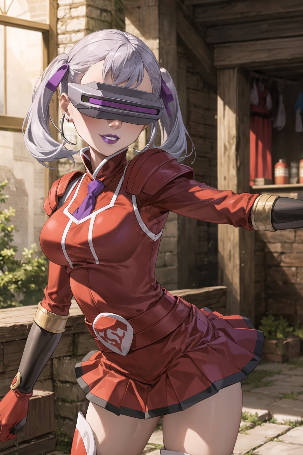 (best quality), (highly detailed), masterpiece, (official art),noelle_silva, silver hair, twintails, bangs, hoop earrings, (team flare:1.2), (head-mounted display), ((purple lips)), gloves,juliet_sleeves, long_sleeves , pleated skirt, thighhighs, thigh boots, dress, belt, red dress, pantyhose, (lips:1.2), evil smile, (seductive pose:1.2), cowboy shot, looking at viewer, indoors, blurry background,depth of field, best quality, masterpiece, intricate details, tonemapping, sharp focus, hyper detailed, trending on Artstation,