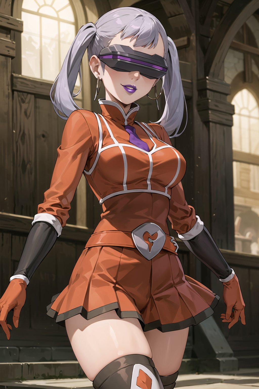 (best quality), (highly detailed), masterpiece, (official art),noelle_silva, silver hair, twintails, bangs, hoop earrings, (team flare:1.2), (head-mounted display), ((purple lips)), gloves,juliet_sleeves, long_sleeves , pleated skirt, thighhighs, thigh boots, dress, belt, red dress, pantyhose, (lips:1.2), evil smile, (seductive pose:1.2), cowboy shot, looking at viewer, indoors, blurry background,depth of field, best quality, masterpiece, intricate details, tonemapping, sharp focus, hyper detailed, trending on Artstation,