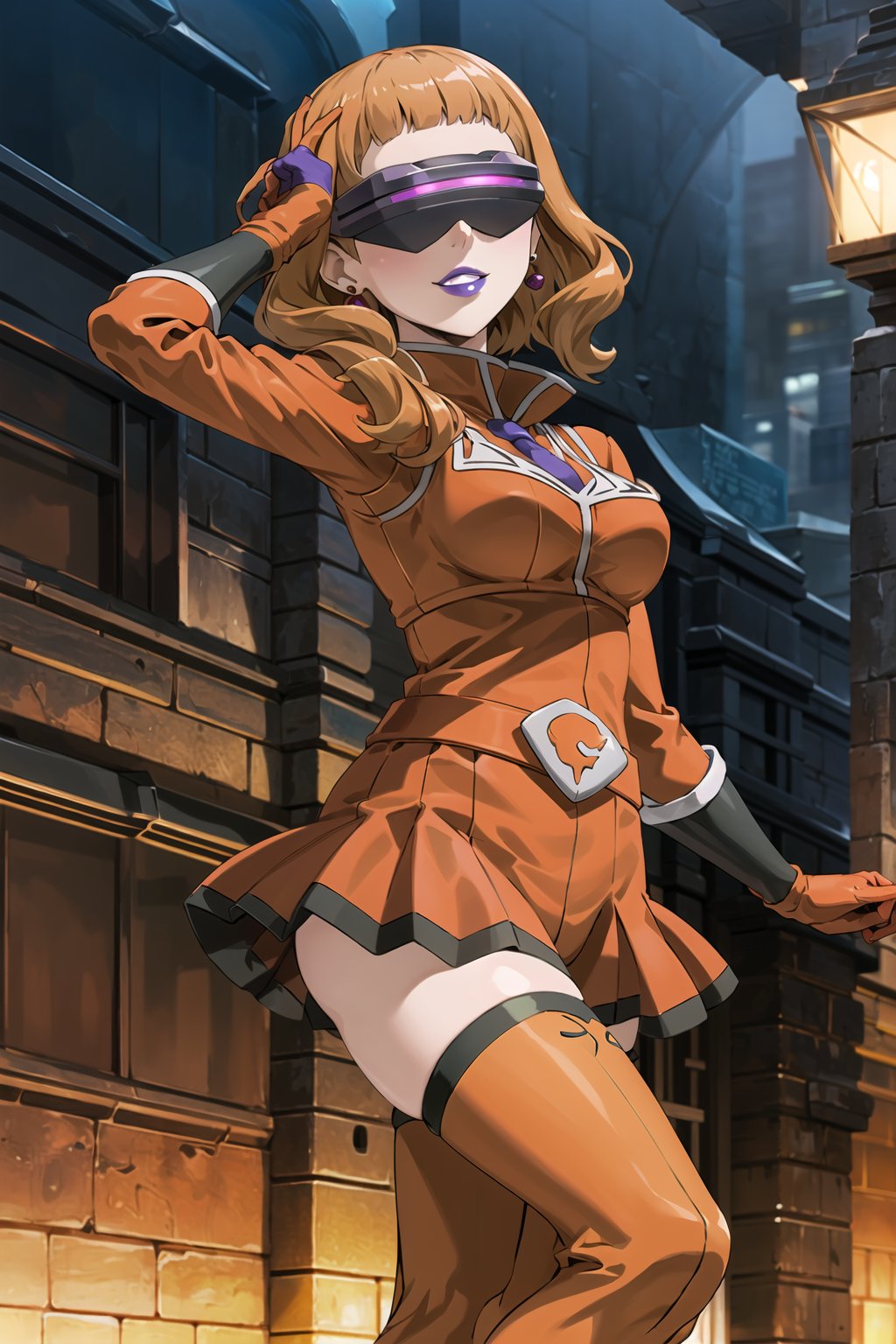 (best quality), (highly detailed), masterpiece, (official art), mimosa vermillion, Orange hair, red earrings, poke ball, poke ball (basic), holding poke ball, posing, lips, ( evil smile), (team flare:1.2), (head-mounted display), ((purple lips)), gloves, juliet_sleeves, long_sleeves, pleated skirt, thighhighs, thigh boots, dress, belt, red dress, pantyhose, looking at viewer, china, asiática, city, night, sky, (intricately detailed, hyperdetailed), blurry background, depth of field, best quality, masterpiece, intricate details, tonemapping, sharp focus, hyper detailed, trending on Artstation, 1 girl, high res, official art