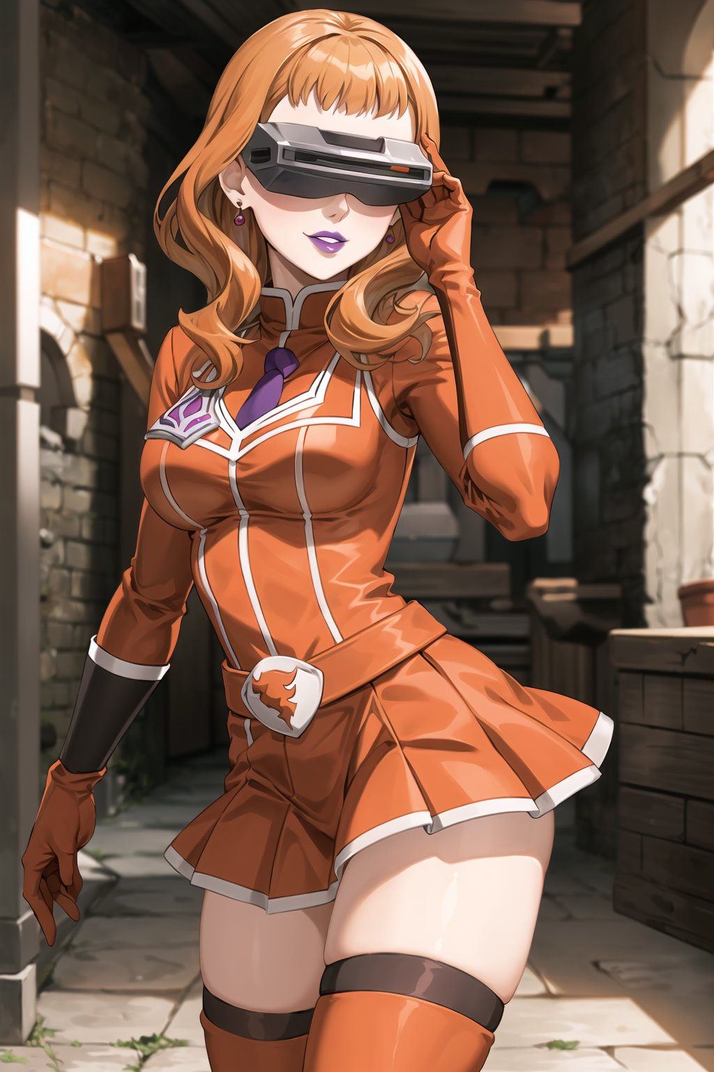 (best quality), (highly detailed), masterpiece, (official art),mimosa vermillion, orange hair, red earrings, (team flare:1.2), (head-mounted display), ((purple lips)), gloves,juliet_sleeves, long_sleeves , pleated skirt, thighhighs, thigh boots, dress, belt, red dress, pantyhose, (lips:1.2), evil smile, (seductive pose:1.2), cowboy shot, looking at viewer, indoors, blurry background,depth of field, best quality, masterpiece, intricate details, tonemapping, sharp focus, hyper detailed, trending on Artstation