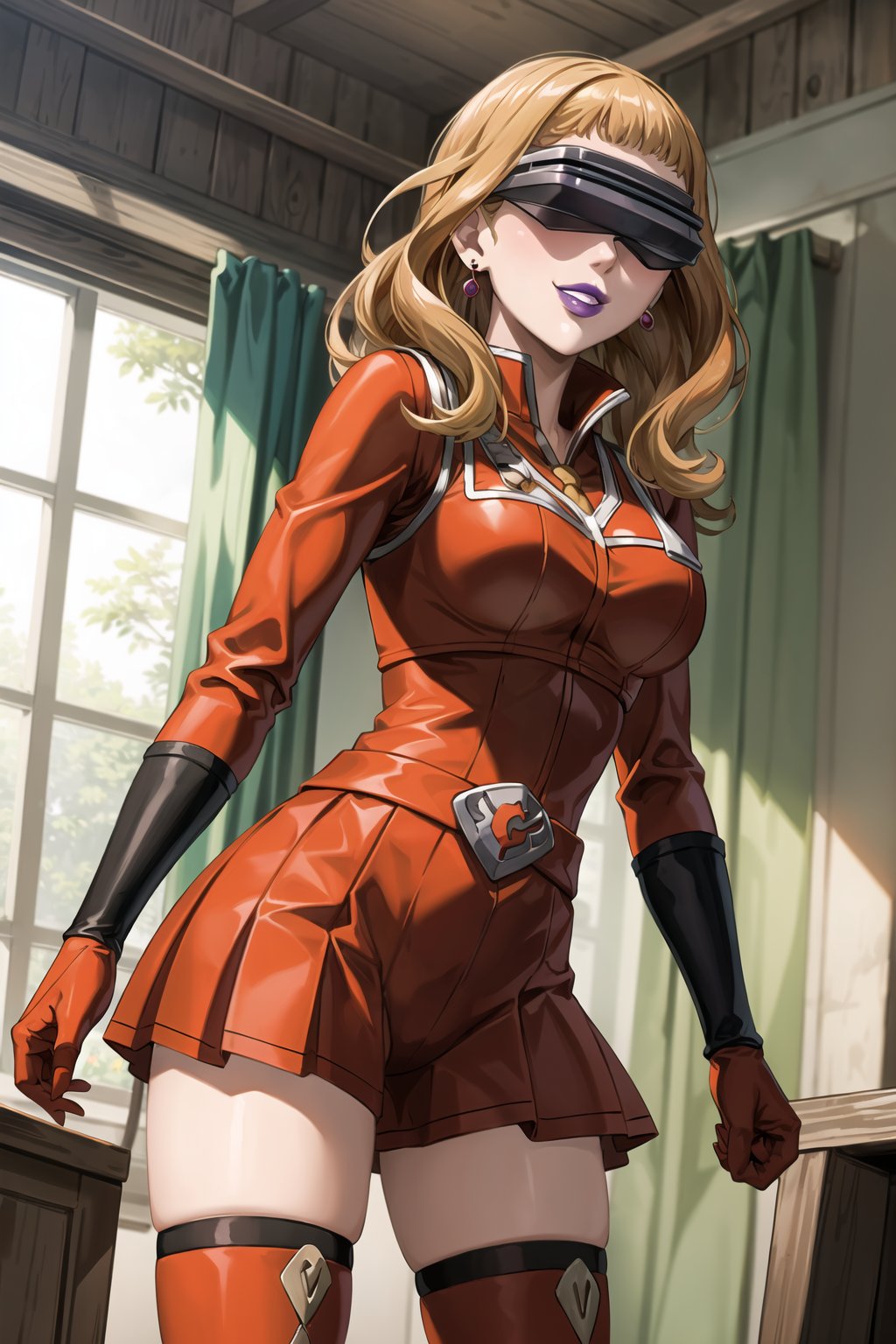 (best quality), (highly detailed), masterpiece, (official art),mimosa vermillion, orange hair, red earrings, (team flare:1.2), (head-mounted display), ((purple lips)), gloves,juliet_sleeves, long_sleeves , pleated skirt, thighhighs, thigh boots, dress, belt, red dress, pantyhose, (lips:1.2), evil smile, (seductive pose:1.2), cowboy shot, looking at viewer, indoors, blurry background,depth of field, best quality, masterpiece, intricate details, tonemapping, sharp focus, hyper detailed, trending on Artstation