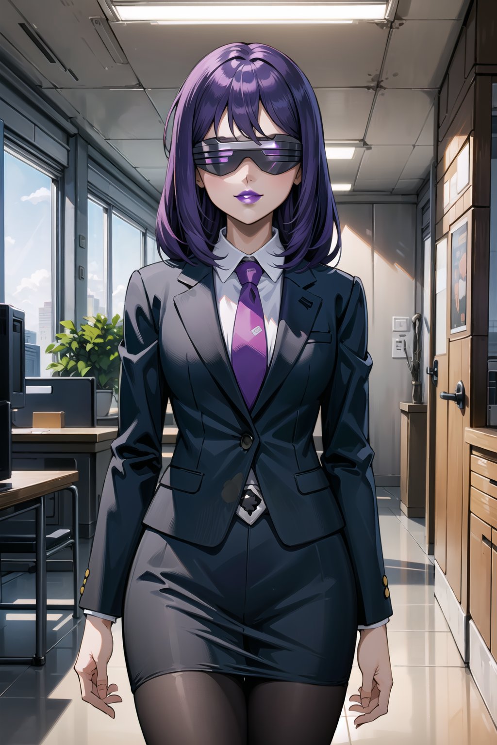 ((best quality)),  ((highly detailed)),  masterpiece,  ((official art)),  ,Saori, 1girl, head-mounted display, evil smile, lips, (purple lips), white shirt, necktie, Black suit, pencil skirt, belt, Black pantyhose, looking at viewer, indoors, Office, desk, Windows, formal, (intricately detailed, hyperdetailed), blurry background,depth of field, best quality, masterpiece, intricate details, tonemapping, sharp focus, hyper detailed, trending on Artstation,1 girl, high res, official art