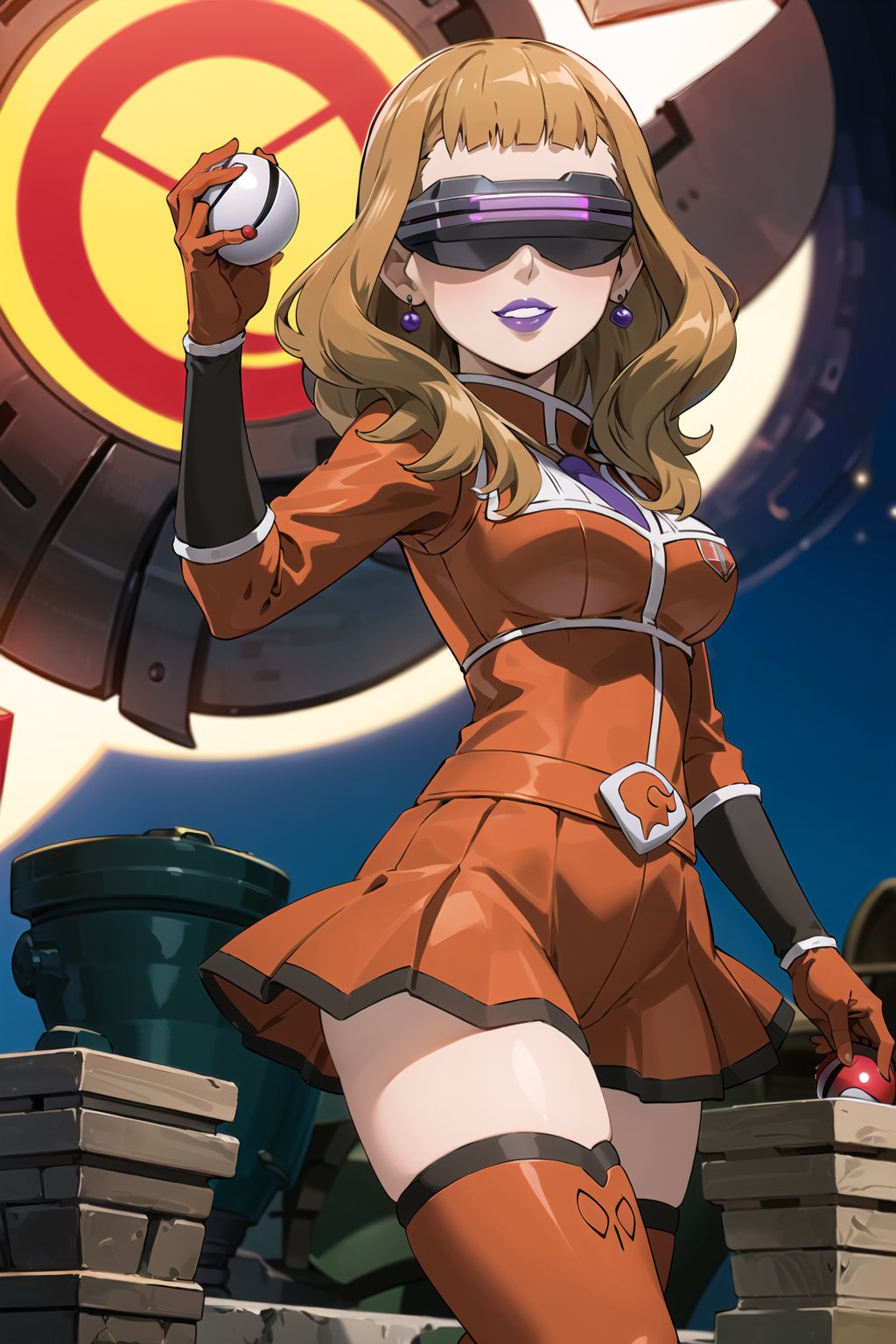 (best quality), (highly detailed), masterpiece, (official art), mimosa vermillion, Orange hair, red earrings, poke ball, poke ball (basic), holding poke ball, posing, lips, ( evil smile), (team flare:1.2), (head-mounted display), ((purple lips)), gloves, juliet_sleeves, long_sleeves, pleated skirt, thighhighs, thigh boots, dress, belt, red dress, pantyhose, looking at viewer, china, asiática, city, night, sky, (intricately detailed, hyperdetailed), blurry background, depth of field, best quality, masterpiece, intricate details, tonemapping, sharp focus, hyper detailed, trending on Artstation, 1 girl, high res, official art