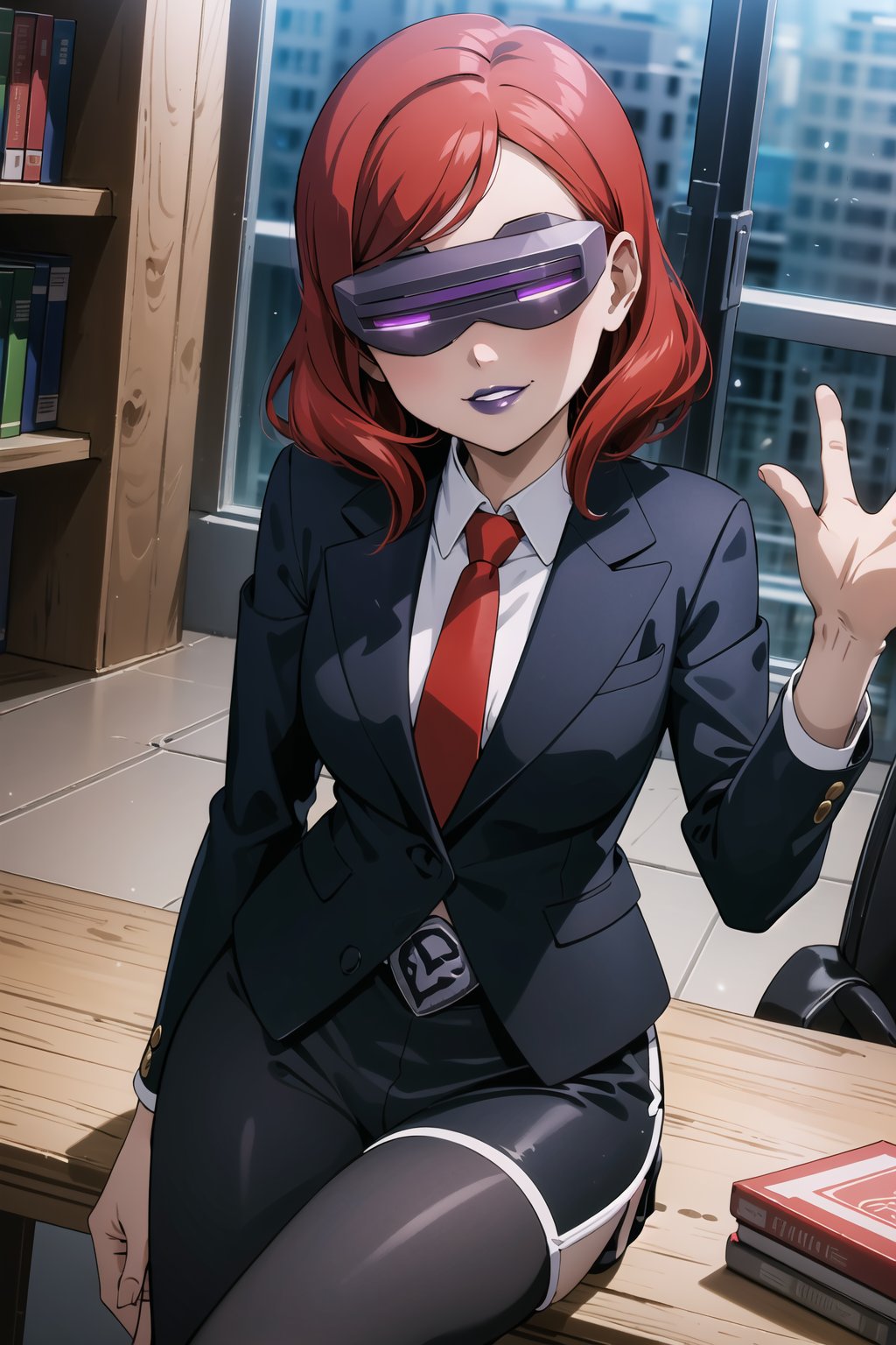 ((best quality)),  ((highly detailed)),  masterpiece,  ((official art)),  red hair, nishikino maki, 1girl, head-mounted display, evil smile, lips, (purple lips), white shirt, necktie, Black suit, pencil skirt, belt, Black pantyhose, looking at viewer, indoors, Office, desk, Windows, formal, (intricately detailed, hyperdetailed), blurry background,depth of field, best quality, masterpiece, intricate details, tonemapping, sharp focus, hyper detailed, trending on Artstation,1 girl, high res, official art