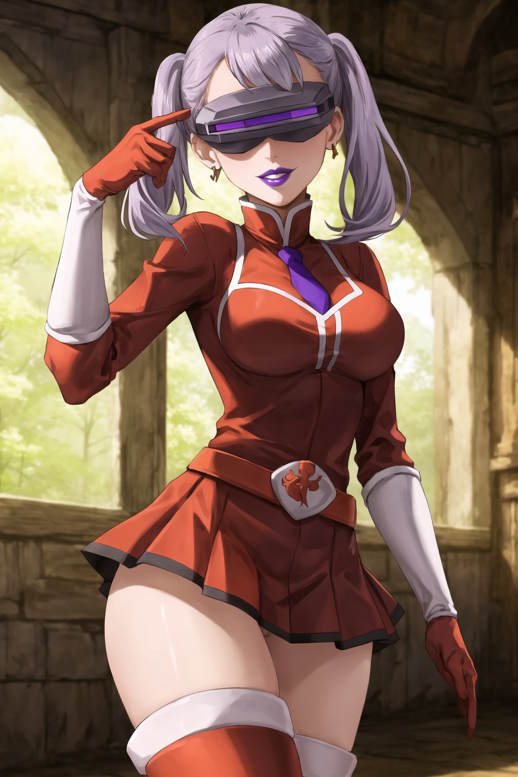 (best quality), (highly detailed), masterpiece, (official art),noelle_silva, silver hair, twintails, bangs, hoop earrings, (team flare:1.2), (head-mounted display), ((purple lips)), gloves,juliet_sleeves, long_sleeves , pleated skirt, thighhighs, thigh boots, dress, belt, red dress, pantyhose, (lips:1.2), evil smile, (seductive pose:1.2), cowboy shot, looking at viewer, indoors, blurry background,depth of field, best quality, masterpiece, intricate details, tonemapping, sharp focus, hyper detailed, trending on Artstation,