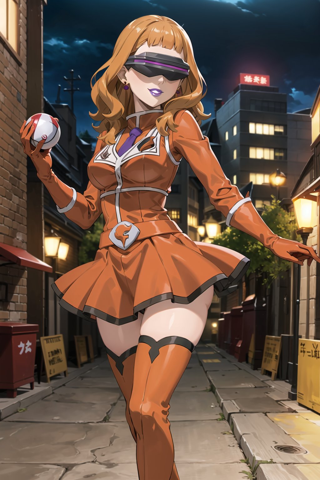 (best quality), (highly detailed), masterpiece, (official art), mimosa vermillion, Orange hair, red earrings, poke ball, poke ball (basic), holding poke ball, posing, lips, ( evil smile), (team flare:1.2), (head-mounted display), ((purple lips)), gloves, juliet_sleeves, long_sleeves, pleated skirt, thighhighs, thigh boots, dress, belt, red dress, pantyhose, looking at viewer, china, asiática, city, night, sky, (intricately detailed, hyperdetailed), blurry background, depth of field, best quality, masterpiece, intricate details, tonemapping, sharp focus, hyper detailed, trending on Artstation, 1 girl, high res, official art