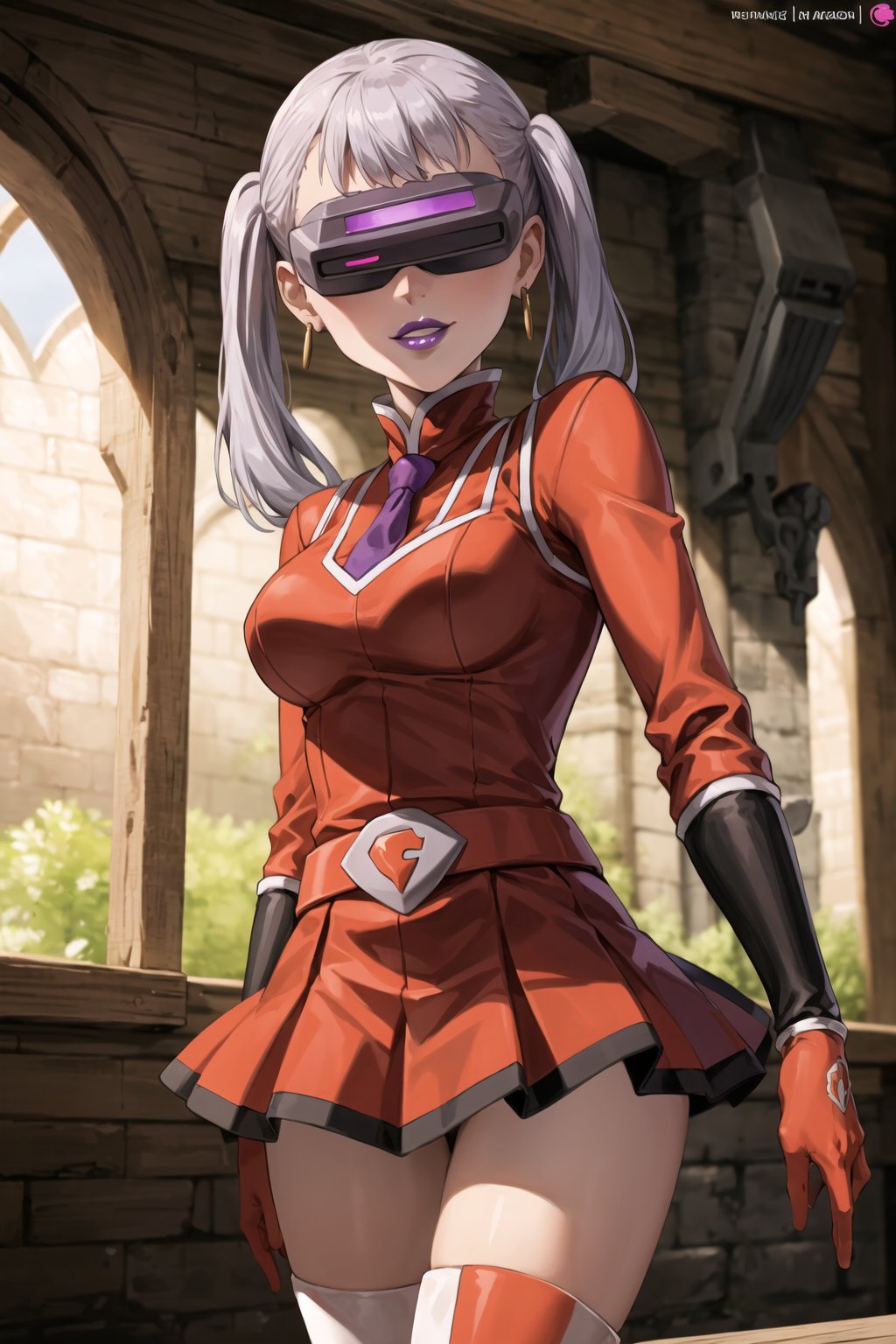 (best quality), (highly detailed), masterpiece, (official art),noelle_silva, silver hair, twintails, bangs, hoop earrings, (team flare:1.2), (head-mounted display), ((purple lips)), gloves,juliet_sleeves, long_sleeves , pleated skirt, thighhighs, thigh boots, dress, belt, red dress, pantyhose, (lips:1.2), evil smile, (seductive pose:1.2), cowboy shot, looking at viewer, indoors, blurry background,depth of field, best quality, masterpiece, intricate details, tonemapping, sharp focus, hyper detailed, trending on Artstation,