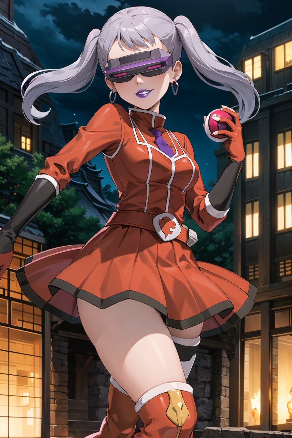(best quality), (highly detailed), masterpiece, (official art), noelle_silva, silver hair, twintails, bangs, earrings, jewelry, poke ball, poke ball (basic), holding poke ball, posing, lips, ( evil smile), (team flare:1.2), (head-mounted display), ((purple lips)), gloves, juliet_sleeves, long_sleeves, pleated skirt, thighhighs, thigh boots, dress, belt, red dress, pantyhose, looking at viewer, china, asiática, city, night, sky, (intricately detailed, hyperdetailed), blurry background,depth of field, best quality, masterpiece, intricate details, tonemapping, sharp focus, hyper detailed, trending on Artstation,1 girl, high res, official art