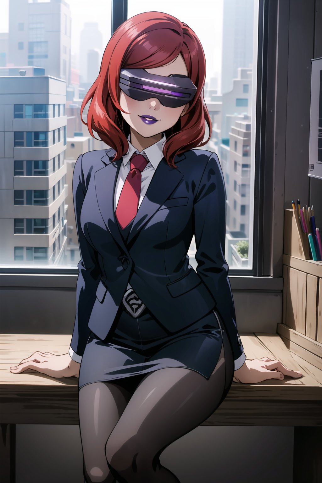 ((best quality)),  ((highly detailed)),  masterpiece,  ((official art)),  red hair, nishikino maki, 1girl, head-mounted display, evil smile, lips, (purple lips), white shirt, necktie, Black suit, pencil skirt, belt, Black pantyhose, looking at viewer, indoors, Office, desk, Windows, formal, (intricately detailed, hyperdetailed), blurry background,depth of field, best quality, masterpiece, intricate details, tonemapping, sharp focus, hyper detailed, trending on Artstation,1 girl, high res, official art