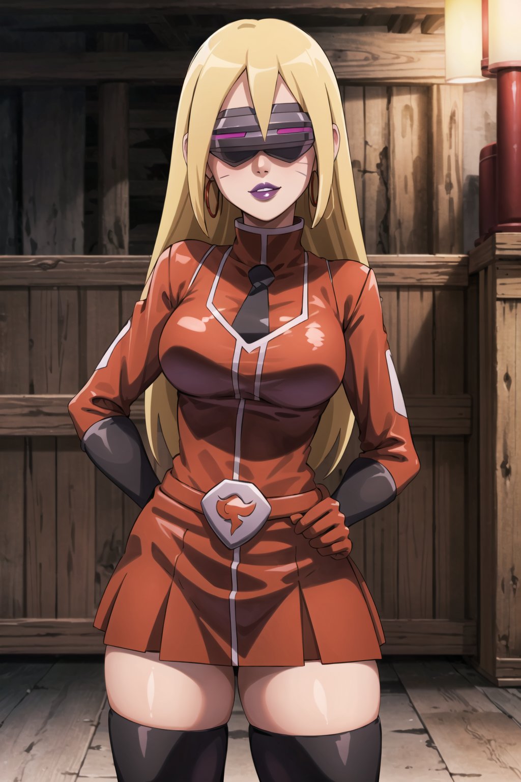 (best quality), (highly detailed), masterpiece, (official art),boruko, facial mark, long hair, blonde hair,, hoop earrings, (team flare:1.2), (head-mounted display), ((purple lips)), gloves,juliet_sleeves, long_sleeves , pleated skirt, thighhighs, thigh boots, dress, belt, red dress, pantyhose, (lips:1.2), evil smile, (seductive pose:1.2), cowboy shot, looking at viewer, indoors, blurry background,depth of field, best quality, masterpiece, intricate details, tonemapping, sharp focus, hyper detailed, trending on Artstation,