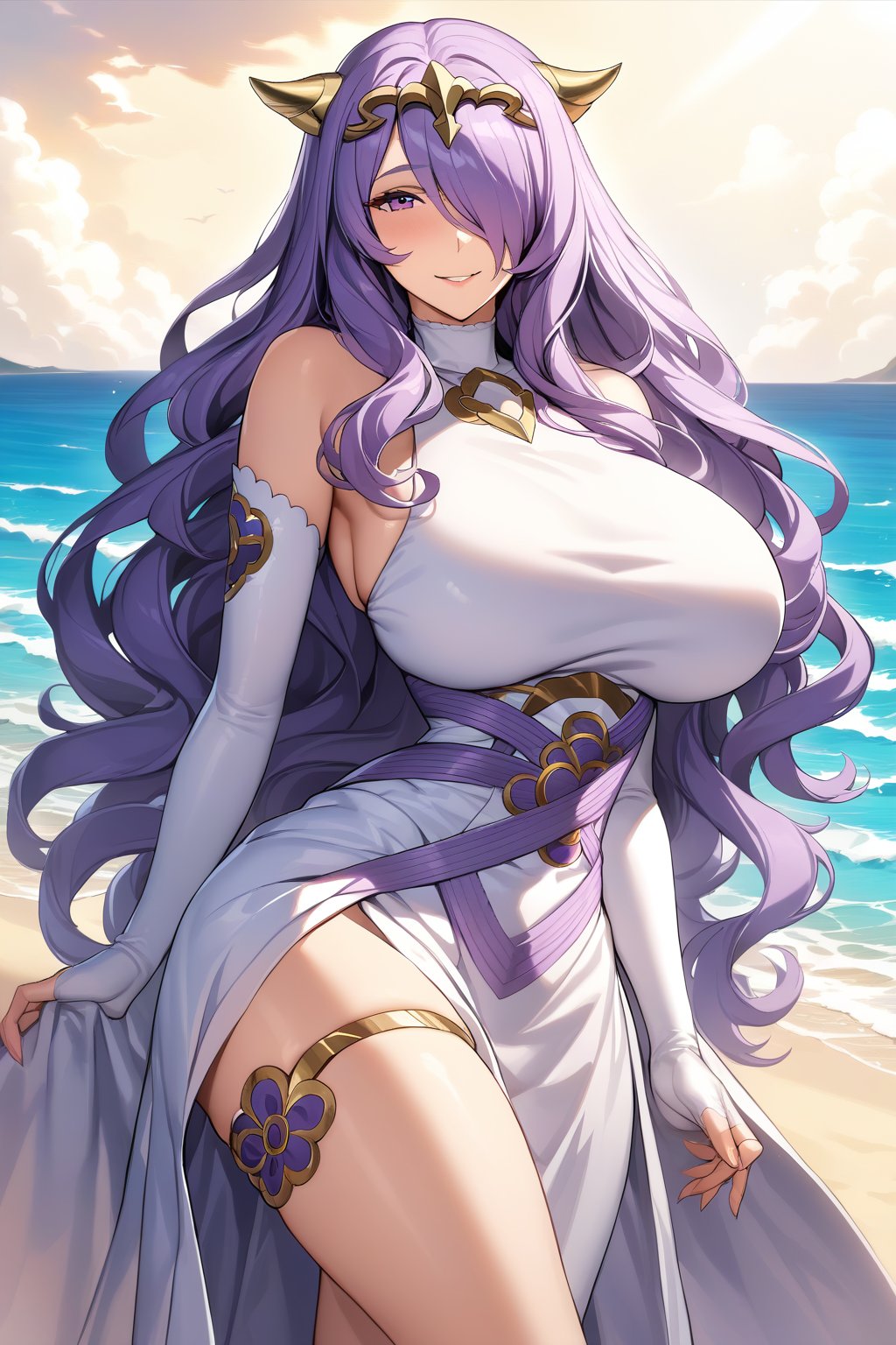 masterpiece,  best quality,  ultra-detailed,  absurdres,  extremely detailed CG unity 8k wallpaper,  Official Art,  Accurate describe shapes,  beautiful face,  detailed hands,  expressive eyes,  upper body,  looking at viewer,  solo, close-up,  beach, dramatic lighting,  standing, smile,  1girl,  mature female,  older,  milf,  motherly, large breasts, wide hips, narrow waist, hair over one eye, purple hair, purple eyes, long hair,  adrCamilla, gold tiara, gold horns, white dress, long dress, white elbow gloves, anklet,  ,  masterpiece,  absurdres,  HDR