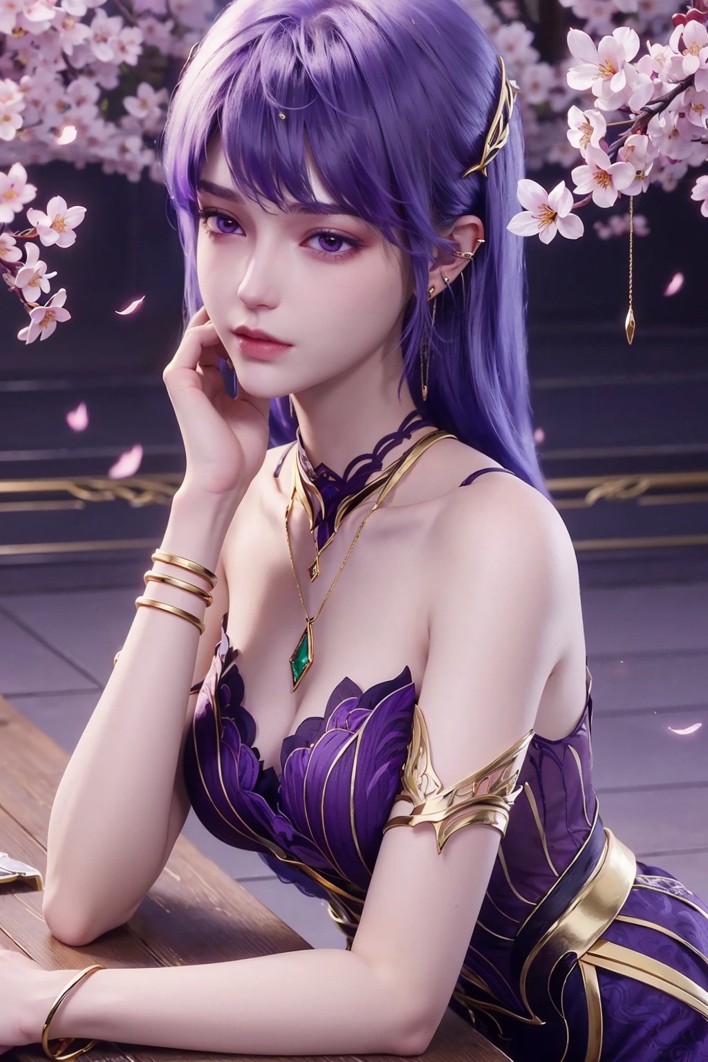 (,1girl, pov,best quality, ) , ((, jewelry, earrings, necklace, looking at viewer,  facing viewer, outdoors,  cherry blossoms,   ))      ultra realistic 8k cg, flawless, clean, masterpiece, professional artwork, famous artwork, cinematic lighting, cinematic bloom, perfect face, beautiful face, fantasy, dreamlike, unreal, science fiction, lace, lace trim, lace-trimmed legwear, luxury, jewelry, diamond, gold, pearl, gem, sapphire, ruby, emerald, intricate detail, delicate pattern, charming, alluring, seductive, erotic, enchanting, hair ornament, necklace, earrings, bracelet, armlet,halo,autumn leaves, purple hair, purple eyes,