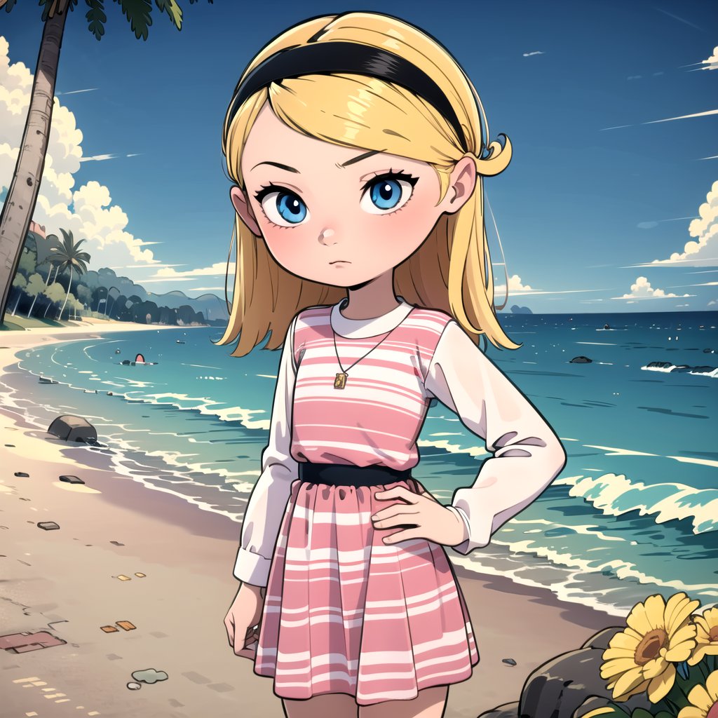 1girl, solo, penny peterson, blonde hair, hairband, blue eyes, pink dress, white shirt, long sleeves, layered dress, white socks, striped dress,    <lora:Penny_Peterson_Leaf5:0.8>,  cowboy shot, beach, 