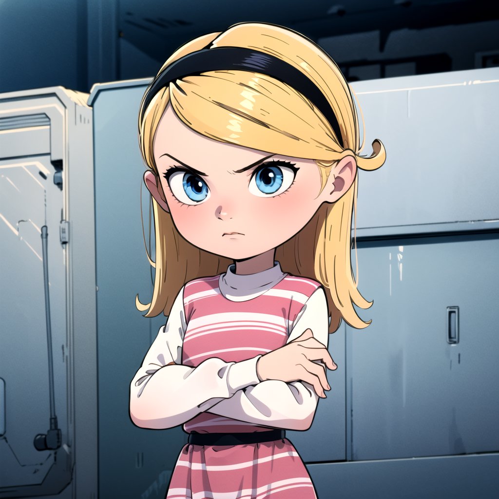 1girl, solo, penny peterson, blonde hair, hairband, blue eyes, pink dress, white shirt, long sleeves, layered dress, white socks, striped dress,    <lora:Penny_Peterson_Leaf5:0.8>,  cowboy shot, crossed arms, 