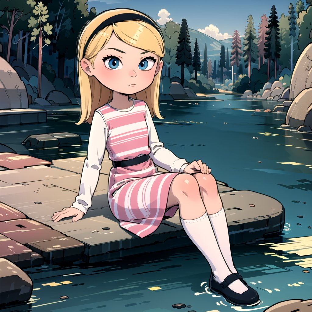 1girl, solo, penny peterson, blonde hair, hairband, blue eyes, pink dress, white shirt, long sleeves, layered dress, white socks, striped dress,    <lora:Penny_Peterson_Leaf5:0.8>, sitting, sitting on rock,