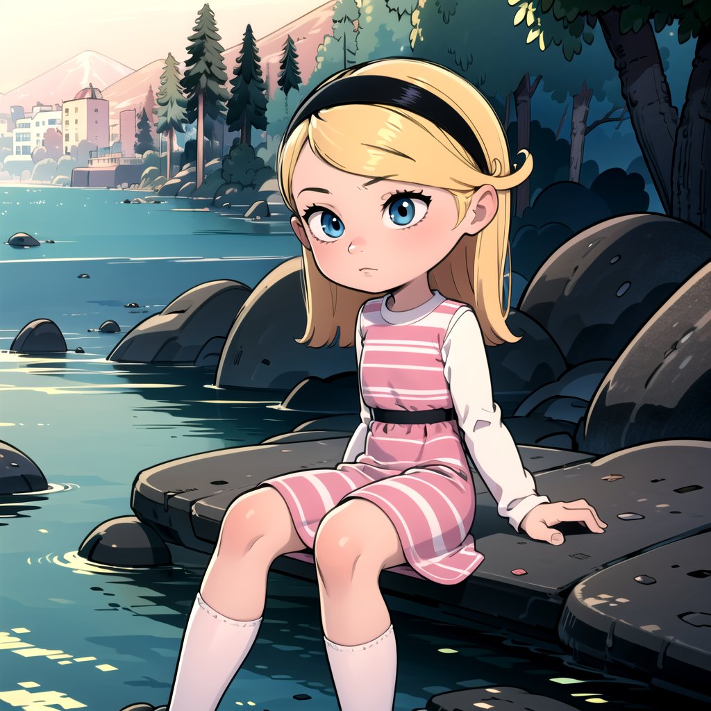 1girl, solo, penny peterson, blonde hair, hairband, blue eyes, pink dress, white shirt, long sleeves, layered dress, white socks, striped dress,    <lora:Penny_Peterson_Leaf5:0.8>, sitting, sitting on rock, 