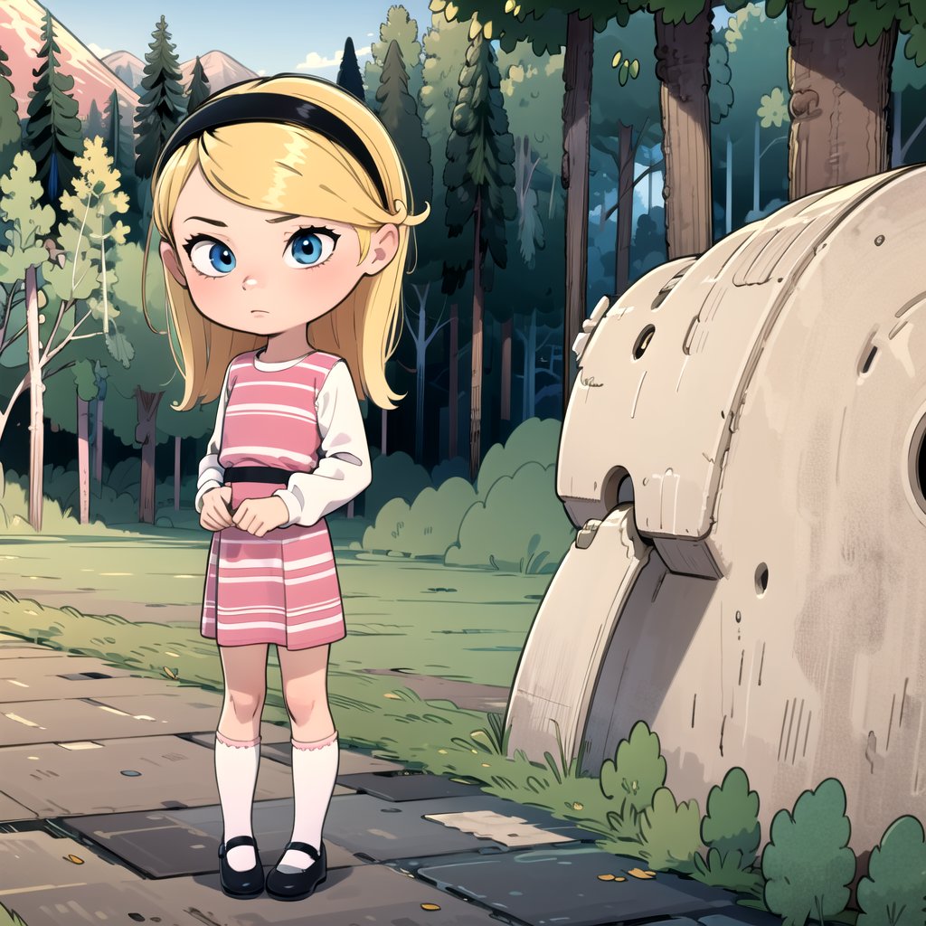 1girl, solo, penny peterson, blonde hair, hairband, blue eyes, pink dress, white shirt, long sleeves, layered dress, striped dress, white socks, mary janes,      <lora:Penny_Peterson_Leaf5:0.8>, forest, 