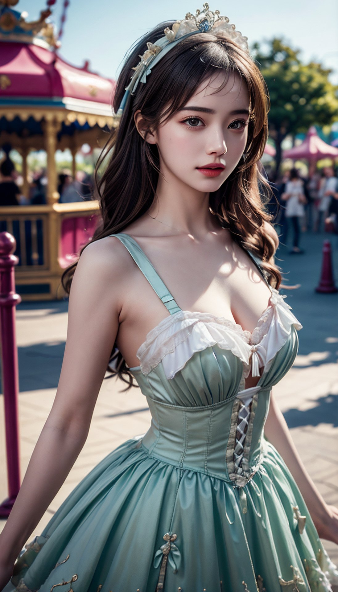 (best quality, masterpiece:1.2),ultra detailed,(photo realistic:1.4),1girl,amusement park in the background,colorful_gothic_dress,,