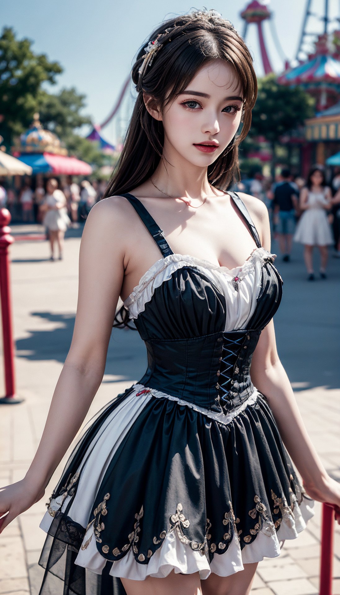 (best quality, masterpiece:1.2),ultra detailed,(photo realistic:1.4),1girl,amusement park in the background,colorful_gothic_dress,black