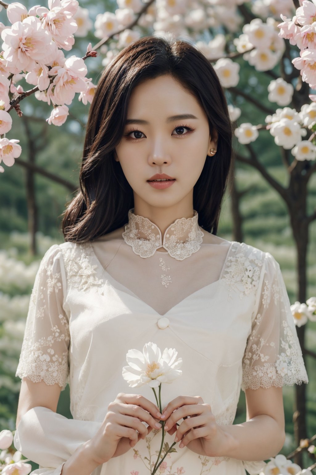 (masterpiece, top quality, best quality, official art, beautiful and aesthetic:1.2), hdr, high contrast, wideshot, 1girl, beautiful korean woman, looking at viewer, relaxing expression, clearly brown eyes, soft make up, ombre lips, small breast, petite body, finger detailed, BREAK wearing half naked floral cheongsam, holding flower, (smeling flower), (spring season theme:1.5), windy, spring forest background detailed, BREAK frosty, ambient lighting, extreme detailed, cinematic shot, realistic ilustration, (soothing tones:1.3), (hyperdetailed:1.2)