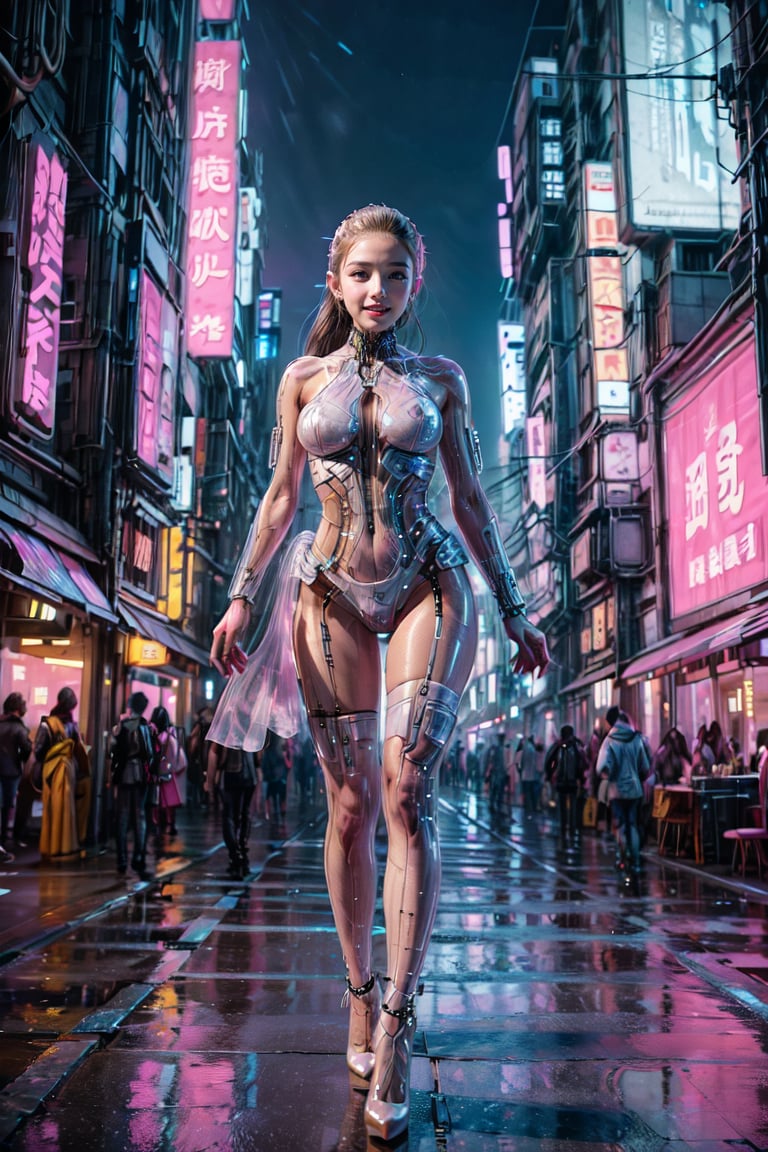 Masterpiece quality, 64K HDR, ultra high resolution, super detailed, cyberpunk theme, by FuturEvoLab, (Full-Body Portrait:1.5), (Elegant High Heels:1.2) 1girl, girl in dynamic pose, wearing futuristic pink mecha armor, detailed and realistic skin, white skin, swaying hair, cyberpunk city at night backdrop, neon-lit urban architecture, cherry blossoms adding a serene touch, sharp focus on exquisite face with perfect facial features, lively and elegant eyes, pure and captivating beauty, ,Cyberpunk