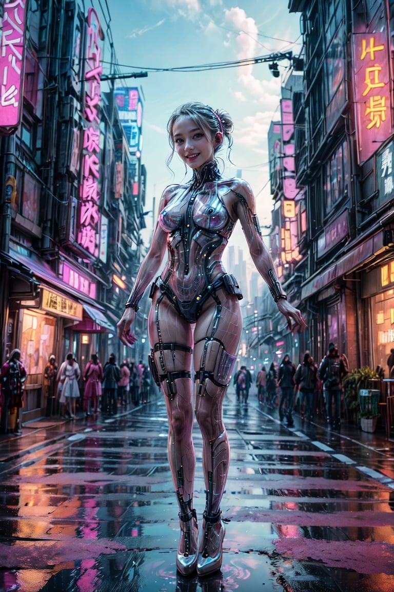 Masterpiece quality, 64K HDR, ultra high resolution, super detailed, cyberpunk theme, by FuturEvoLab, (Full-Body Portrait:1.5), (Elegant High Heels:1.2) 1girl, girl in dynamic pose, wearing futuristic pink mecha armor, detailed and realistic skin, white skin, swaying hair, cyberpunk city at night backdrop, neon-lit urban architecture, cherry blossoms adding a serene touch, sharp focus on exquisite face with perfect facial features, lively and elegant eyes, pure and captivating beauty, 