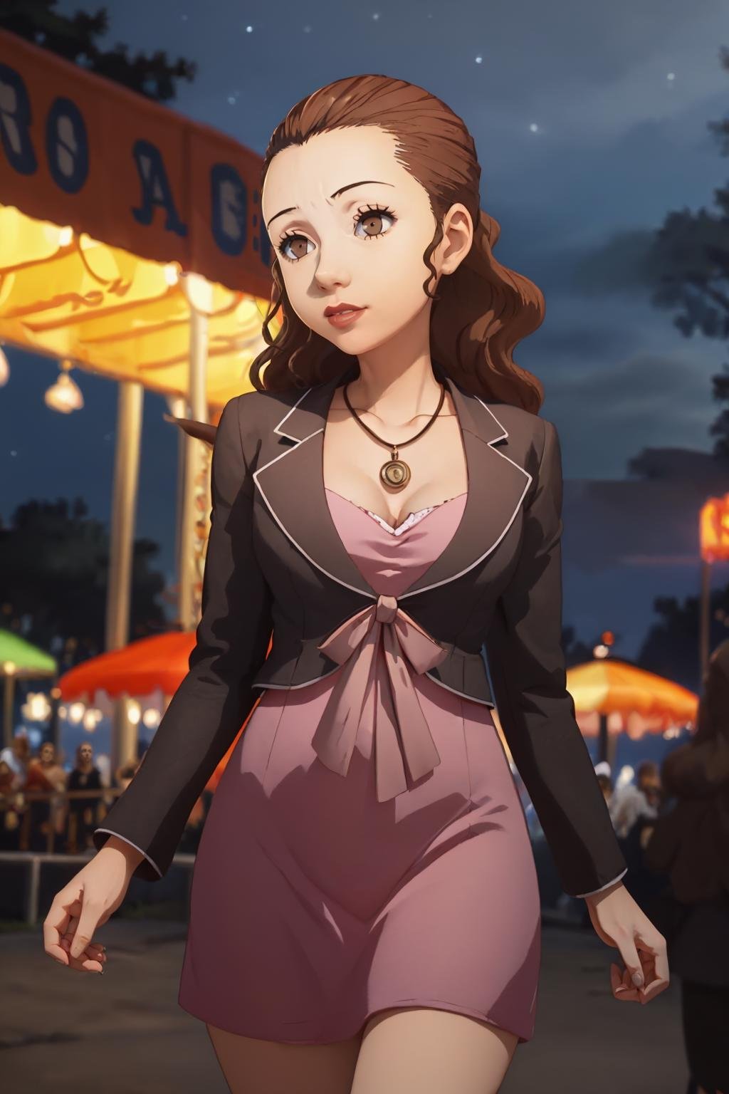 (masterpiece, best quality:1.2),  <lora:eriminami:1>,  eriminami, 1girl, solo, breasts, medium breasts, dress, jewelry, necklace, outdoors, amusement park, ferris wheel, neon lights, night sky