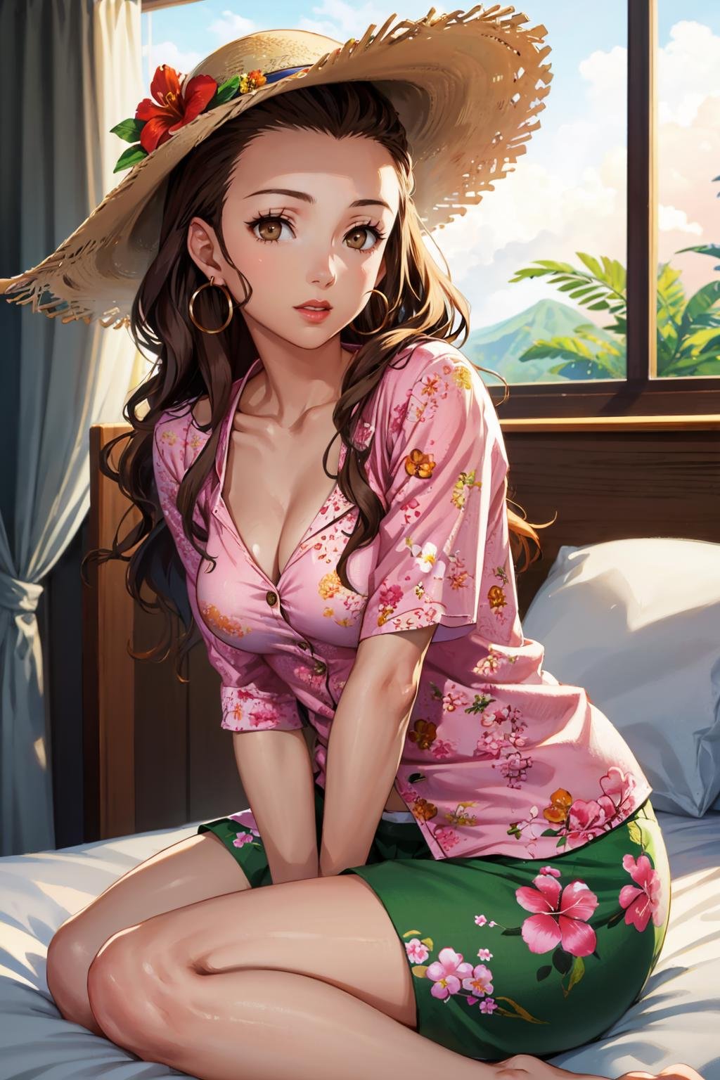 masterpiece, best quality, 1girl, solo, looking at viewer, medium breasts, mature female, collarbone, <lora:eriminami-guy-v2:.95>, eriminami, forehead, hair behind ear, hair pulled back, earrings, lipstick, hotel room, indoors, sun hat, lei, hawaiian shirt, shorts, floral print, tropical, cargo shorts, 