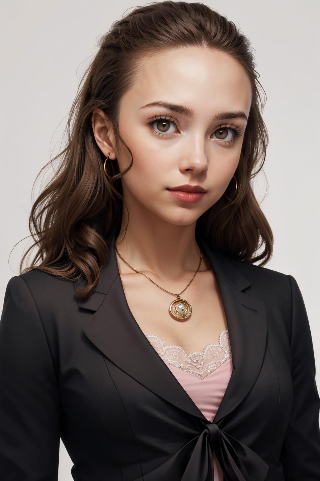 masterpiece, best quality, 1girl, solo, looking at viewer, medium breasts, <lora:eriminami-guy-v2:1>, eriminami, forehead, hair behind ear, lipstick, necklace, jacket, tied jacket, black jacket, dress, pink dress,  white background, simple background, portrait, 